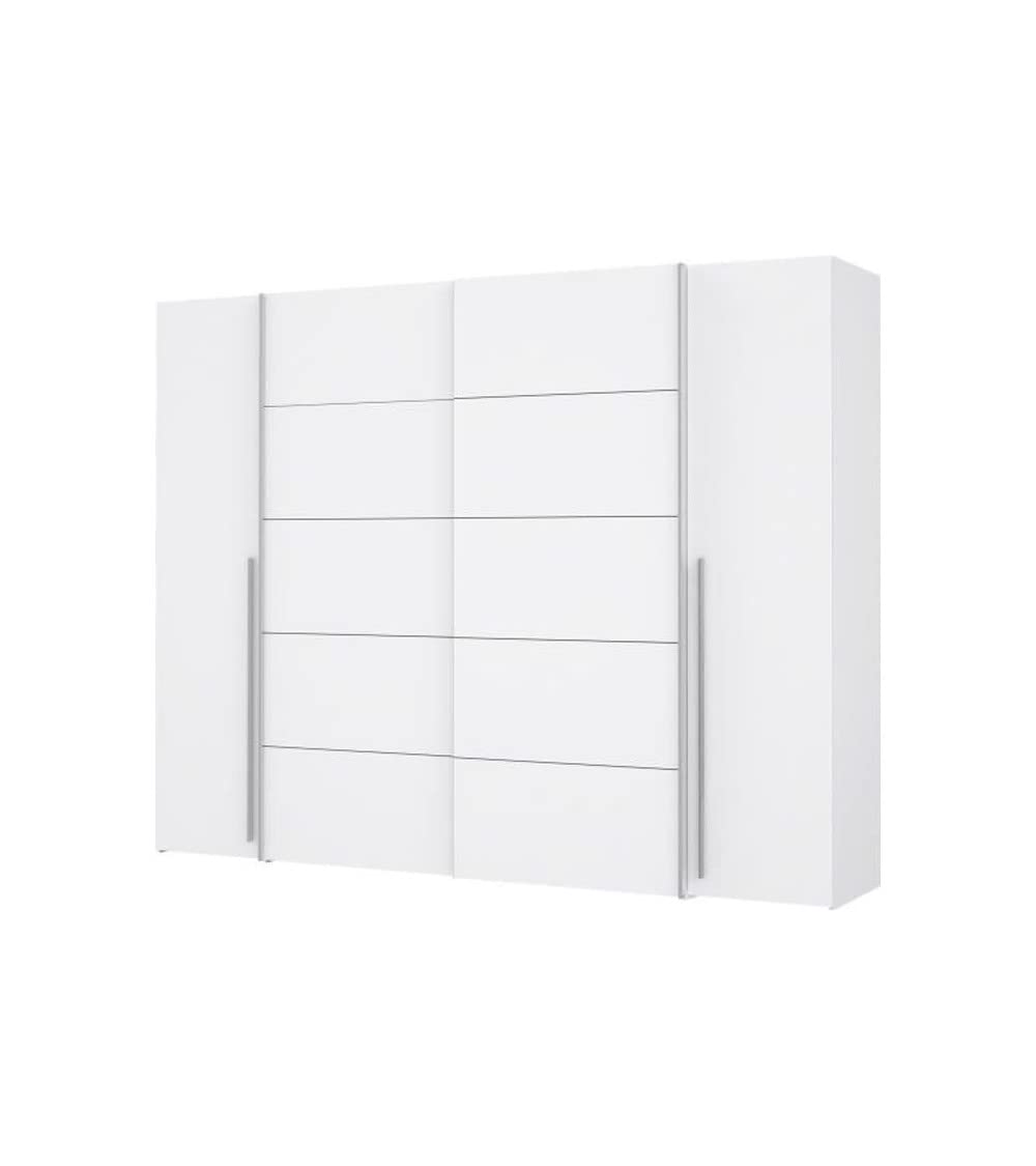 FORTE JABIM Schrank 280, Kleiderschrank mit Passepartout und LED Beleuchtung, Schwebetürenschrank groß Schlafzimmer 4-türig Holzdekor: Alpenfichte/Schwarz, 279 cm breit x 215 cm hoch x 64 cm tief