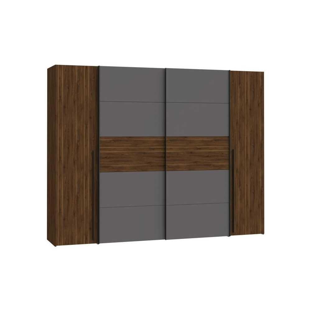 FORTE JABIM Schrank 280, Kleiderschrank mit Passepartout und LED Beleuchtung, Schwebetürenschrank groß Schlafzimmer 4-türig Holzdekor: Alpenfichte/Schwarz, 279 cm breit x 215 cm hoch x 64 cm tief