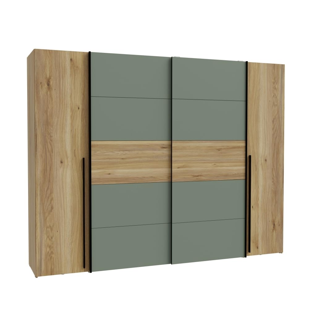 FORTE JABIM Schrank 280, Kleiderschrank mit Passepartout und LED Beleuchtung, Schwebetürenschrank groß Schlafzimmer 4-türig Holzdekor: Alpenfichte/Schwarz, 279 cm breit x 215 cm hoch x 64 cm tief