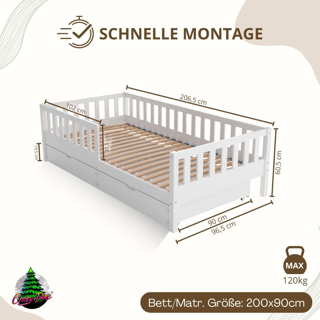 Kinderbett mit Schublade 90x200cm – Massives Montessori Bodenbett aus Holz in Weiß mit Rausfallschutz – Sicheres Kleinkindbett – Skandinavisches Design Leichte Montage - Crazy Basic