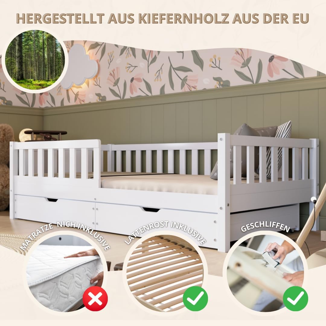 Kinderbett mit Schublade 90x200cm – Massives Montessori Bodenbett aus Holz in Weiß mit Rausfallschutz – Sicheres Kleinkindbett – Skandinavisches Design Leichte Montage - Crazy Basic