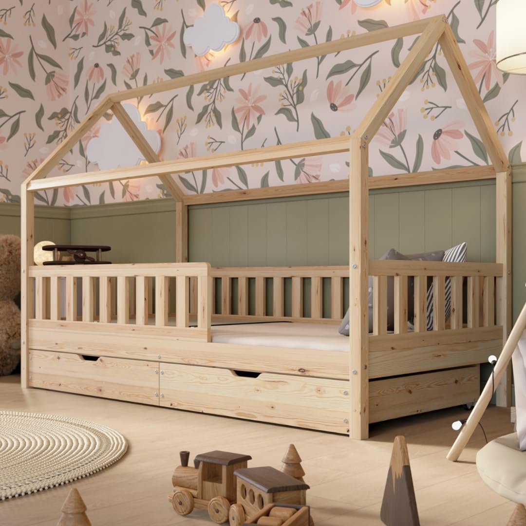 Hausbett mit Schubladen 90x200 cm – Kinderbett aus Naturholz in Weiß mit Rausfallschutz – Skandinavisches Design, Montessori Bodenbett mit zusätzlichen Stauraum - Crazy Blanco