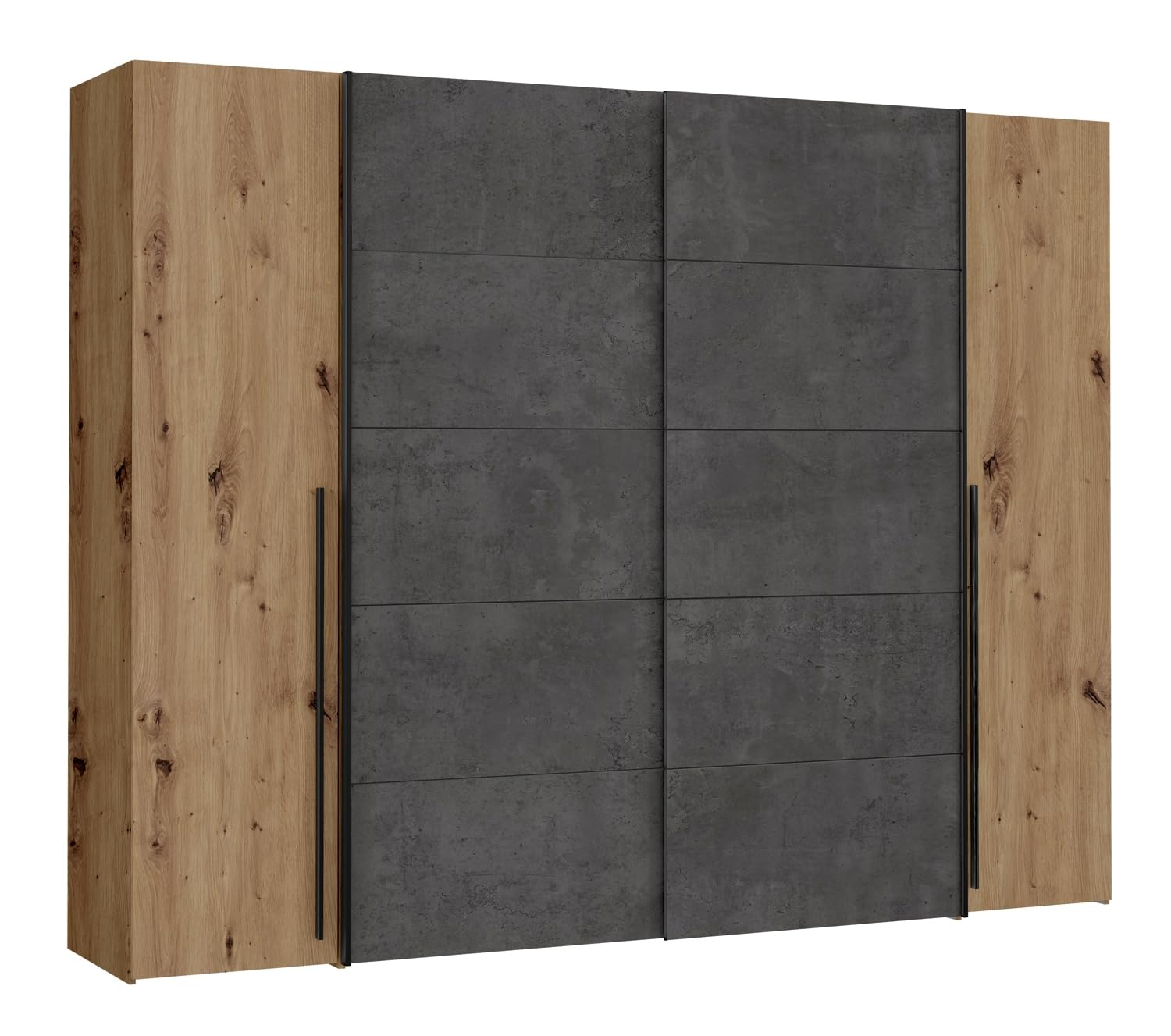 FORTE JABIM Schrank 280, Kleiderschrank mit Passepartout und LED Beleuchtung, Schwebetürenschrank groß Schlafzimmer 4-türig Holzdekor: Alpenfichte/Schwarz, 279 cm breit x 215 cm hoch x 64 cm tief