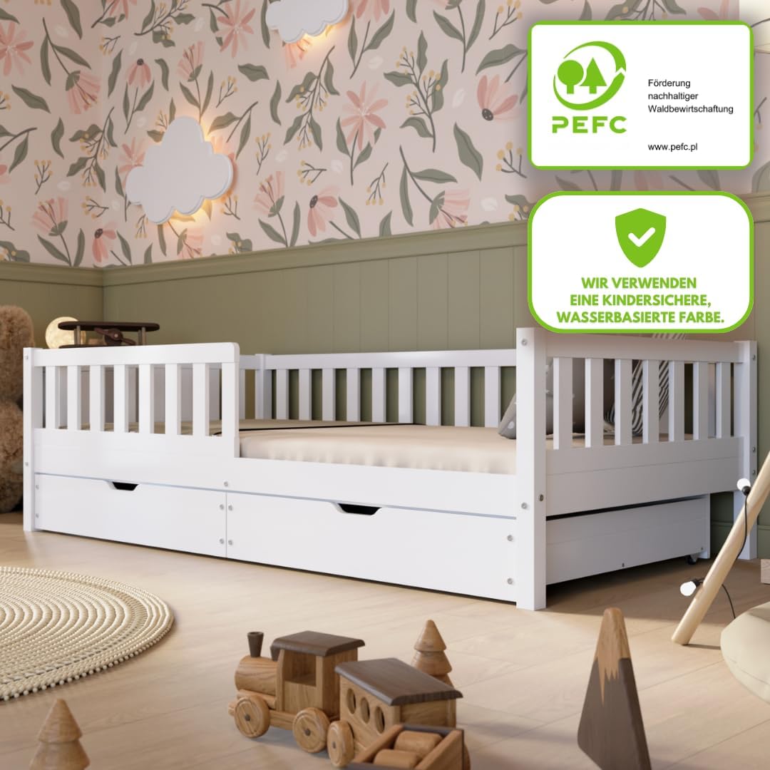 Kinderbett mit Schublade 90x200cm – Massives Montessori Bodenbett aus Holz in Weiß mit Rausfallschutz – Sicheres Kleinkindbett – Skandinavisches Design Leichte Montage - Crazy Basic