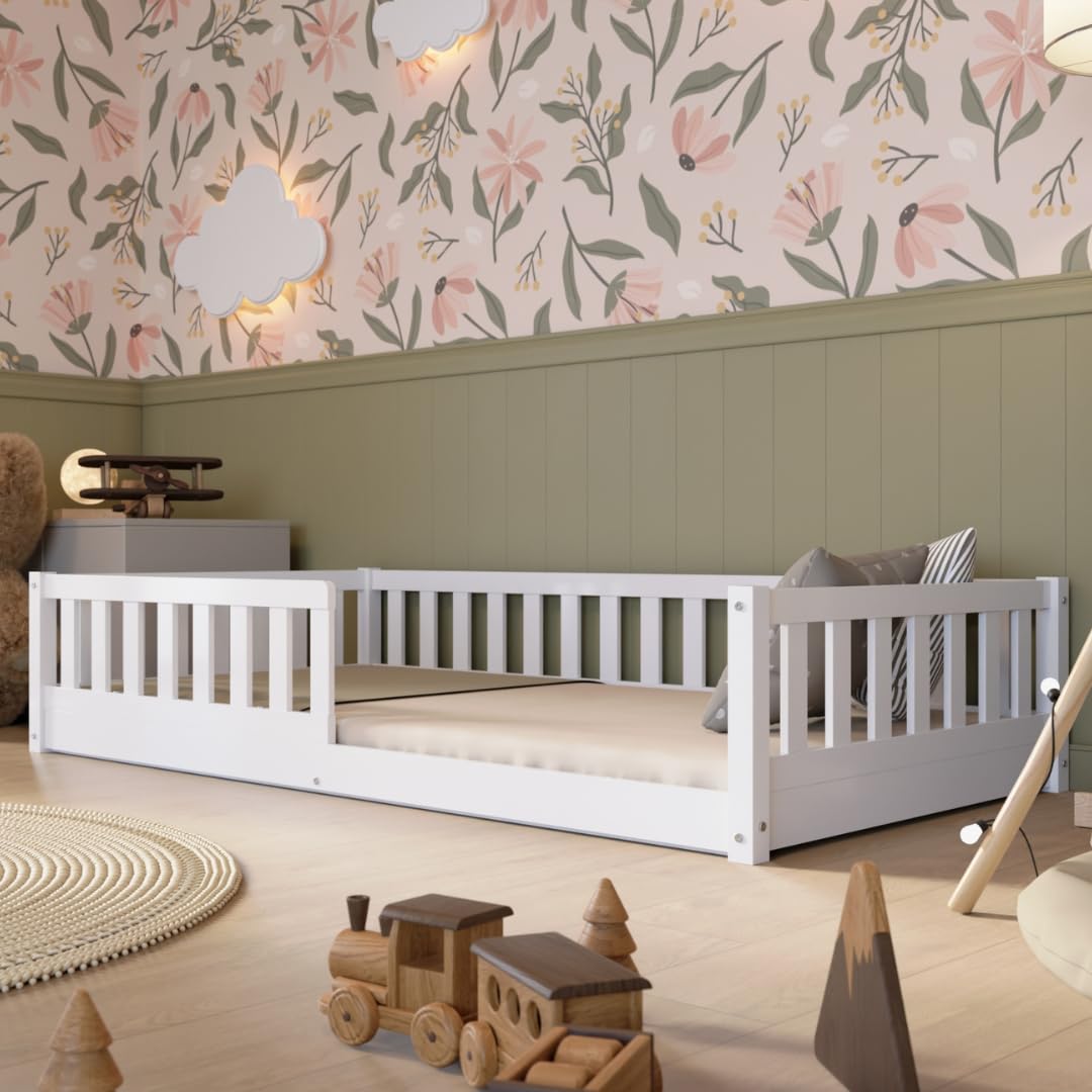 Kinderbett mit Schublade 90x200cm – Massives Montessori Bodenbett aus Holz in Weiß mit Rausfallschutz – Sicheres Kleinkindbett – Skandinavisches Design Leichte Montage - Crazy Basic