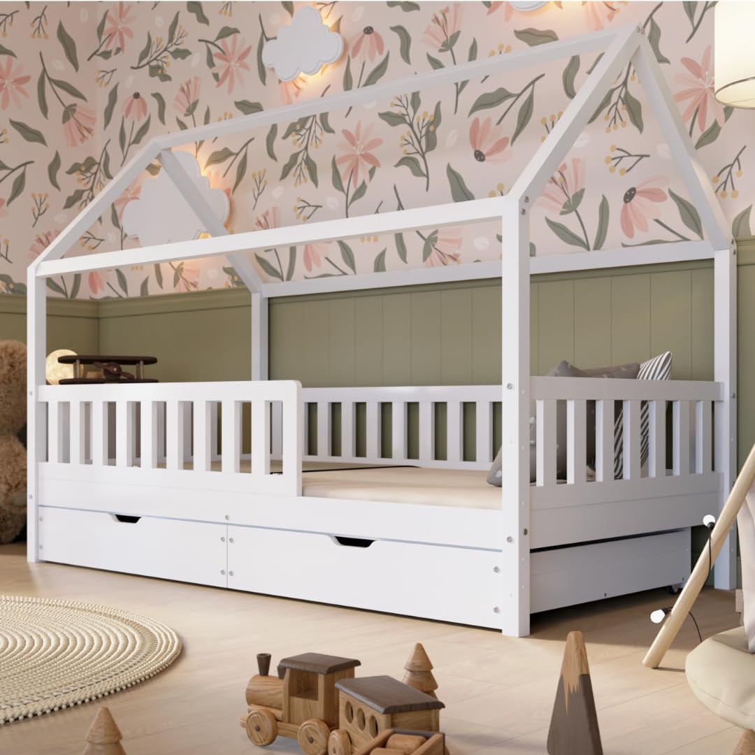 Hausbett mit Schubladen 90x200 cm – Kinderbett aus Naturholz in Weiß mit Rausfallschutz – Skandinavisches Design, Montessori Bodenbett mit zusätzlichen Stauraum - Crazy Blanco