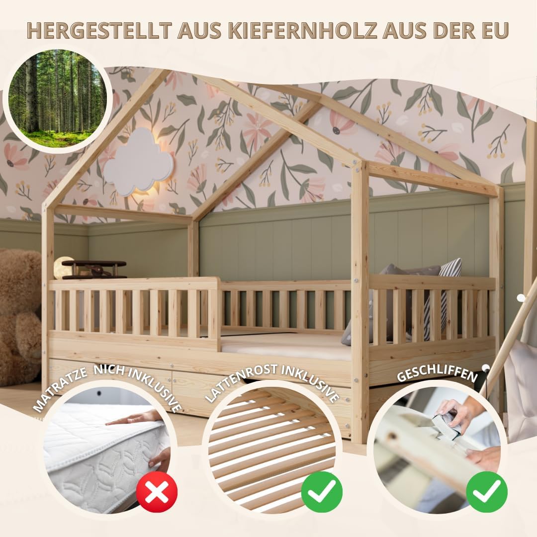 Hausbett mit Schubladen 140x200 cm – Kinderbett aus Naturholz mit Rausfallschutz – Montessori Bodenbett mit zusätzlichen Stauraum und und Abnehmbarer Barriere - Crazy House
