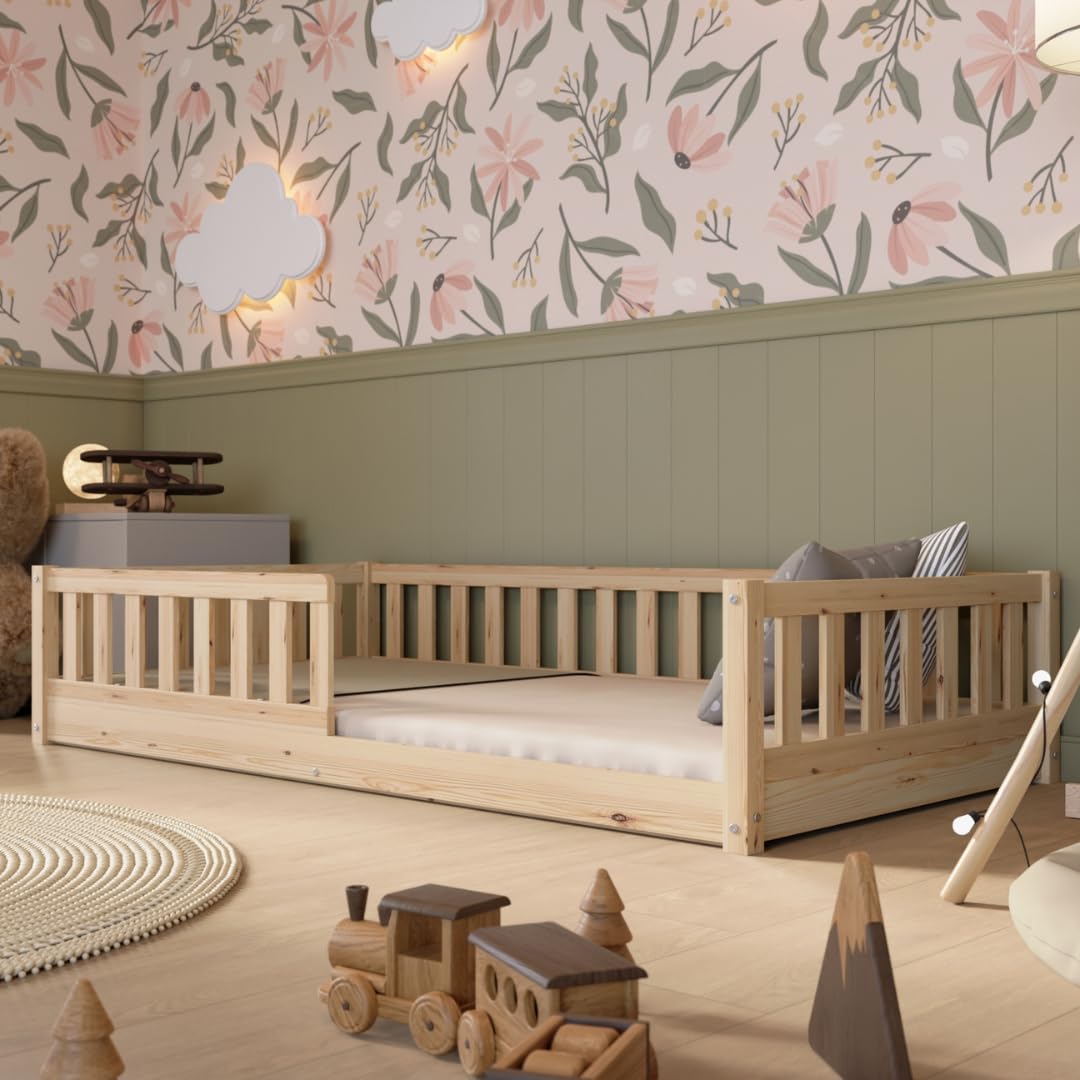 Kinderbett mit Schublade 90x200cm – Massives Montessori Bodenbett aus Holz in Weiß mit Rausfallschutz – Sicheres Kleinkindbett – Skandinavisches Design Leichte Montage - Crazy Basic