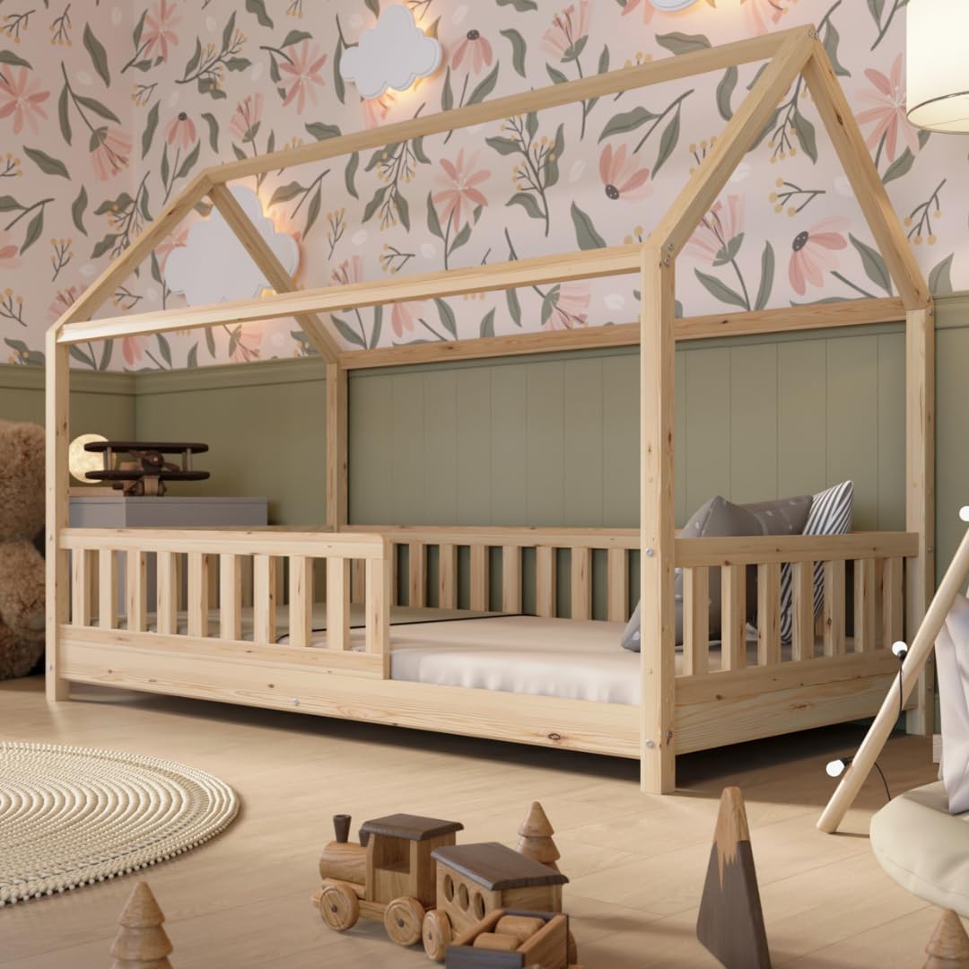 Hausbett mit Schubladen 90x200 cm – Kinderbett aus Naturholz in Weiß mit Rausfallschutz – Skandinavisches Design, Montessori Bodenbett mit zusätzlichen Stauraum - Crazy Blanco