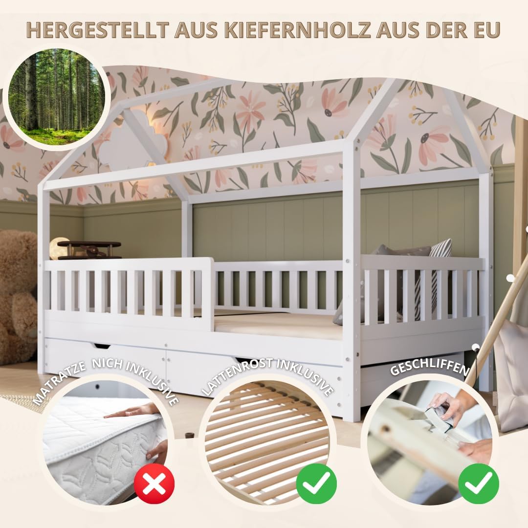 Hausbett mit Schubladen 90x200 cm – Kinderbett aus Naturholz in Weiß mit Rausfallschutz – Skandinavisches Design, Montessori Bodenbett mit zusätzlichen Stauraum - Crazy Blanco