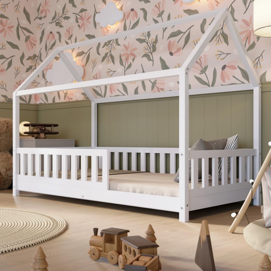 Hausbett mit Schubladen 90x200 cm – Kinderbett aus Naturholz in Weiß mit Rausfallschutz – Skandinavisches Design, Montessori Bodenbett mit zusätzlichen Stauraum - Crazy Blanco