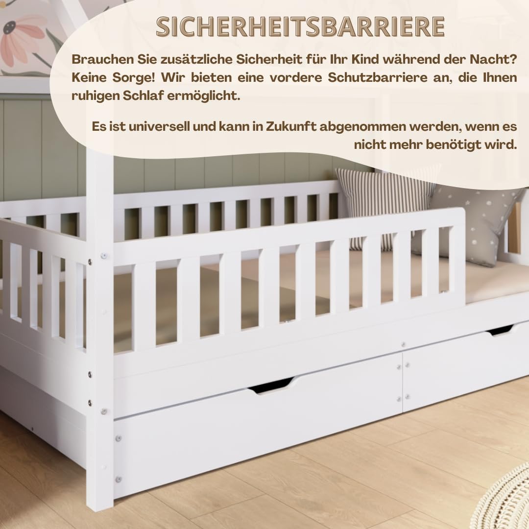Hausbett mit Schubladen 90x200 cm – Kinderbett aus Naturholz in Weiß mit Rausfallschutz – Skandinavisches Design, Montessori Bodenbett mit zusätzlichen Stauraum - Crazy Blanco