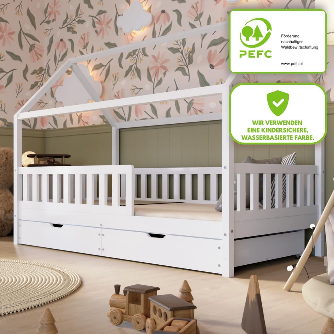 Hausbett mit Schubladen 90x200 cm – Kinderbett aus Naturholz in Weiß mit Rausfallschutz – Skandinavisches Design, Montessori Bodenbett mit zusätzlichen Stauraum - Crazy Blanco