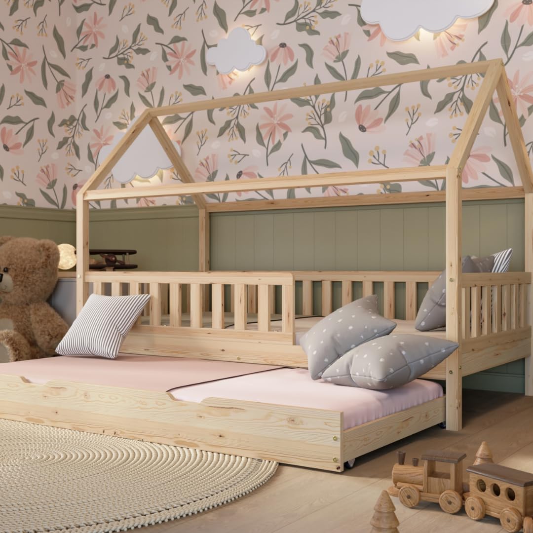 Hausbett mit Schubladen 90x200 cm – Kinderbett aus Naturholz in Weiß mit Rausfallschutz – Skandinavisches Design, Montessori Bodenbett mit zusätzlichen Stauraum - Crazy Blanco