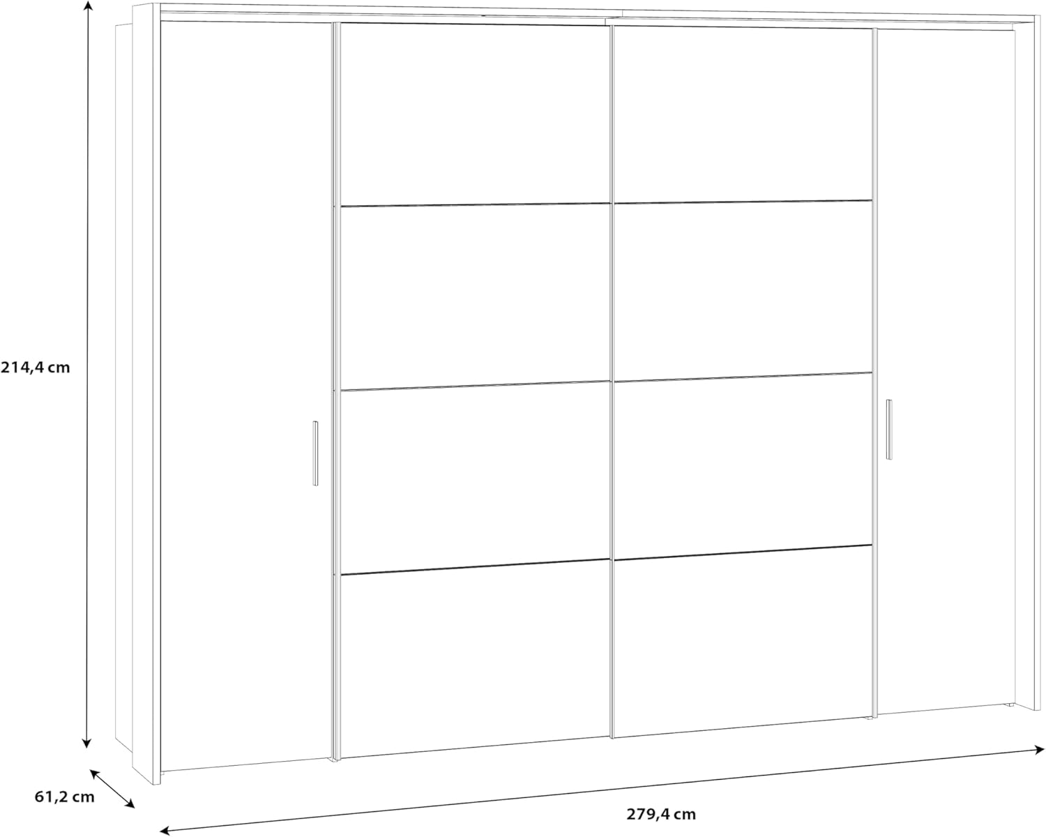 FORTE JABIM Schrank 280, Kleiderschrank mit Passepartout und LED Beleuchtung, Schwebetürenschrank groß Schlafzimmer 4-türig Holzdekor: Alpenfichte/Schwarz, 279 cm breit x 215 cm hoch x 64 cm tief