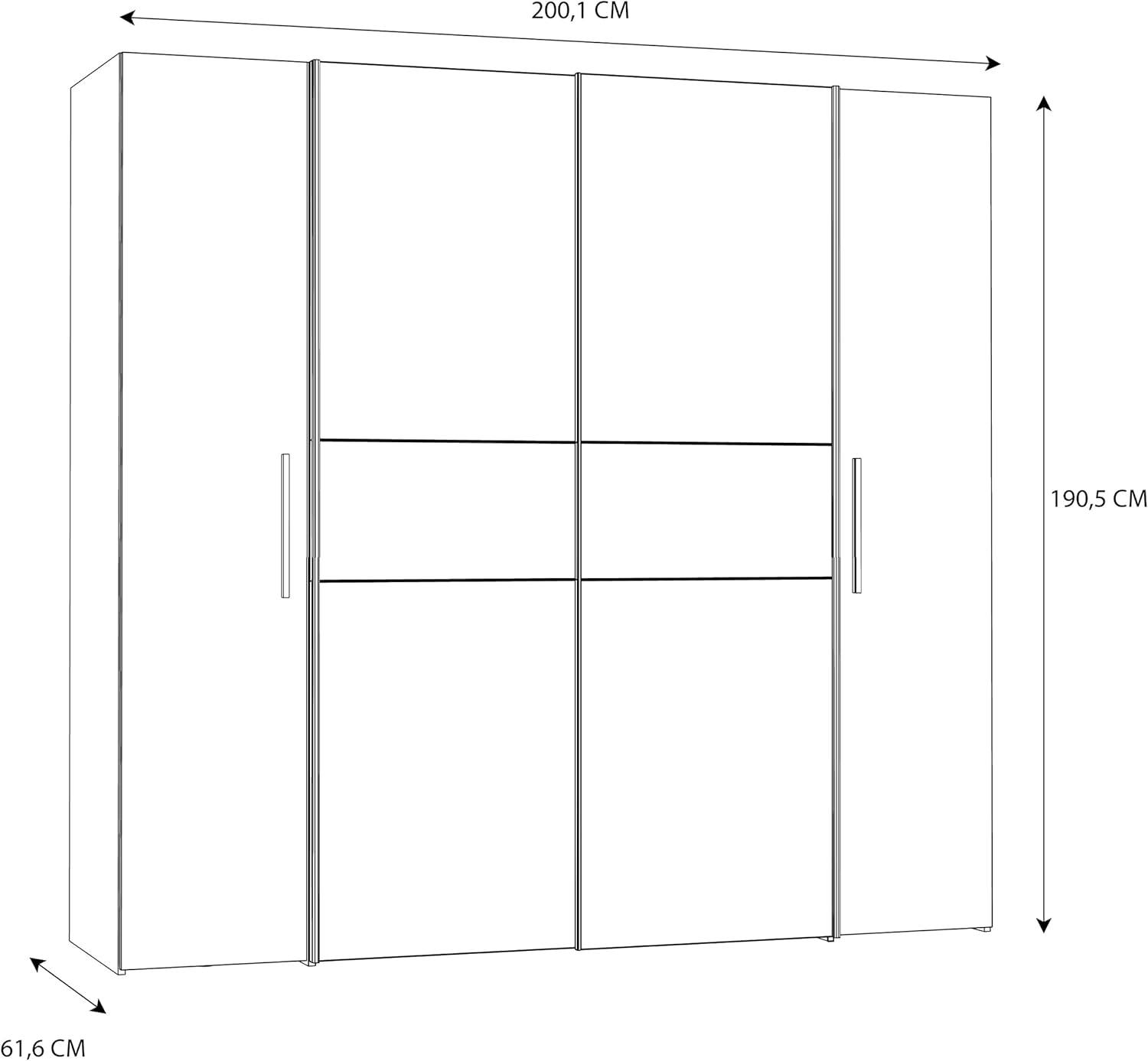 Forte KALIXTUS schwarzer Kleiderschrank 200, moderner Schwebetürenschrank, 4-türig, Holzwerkstoff, Schwarz Matt, 200,1 cm breit x 190,5 cm hoch, 61,2 cm tief