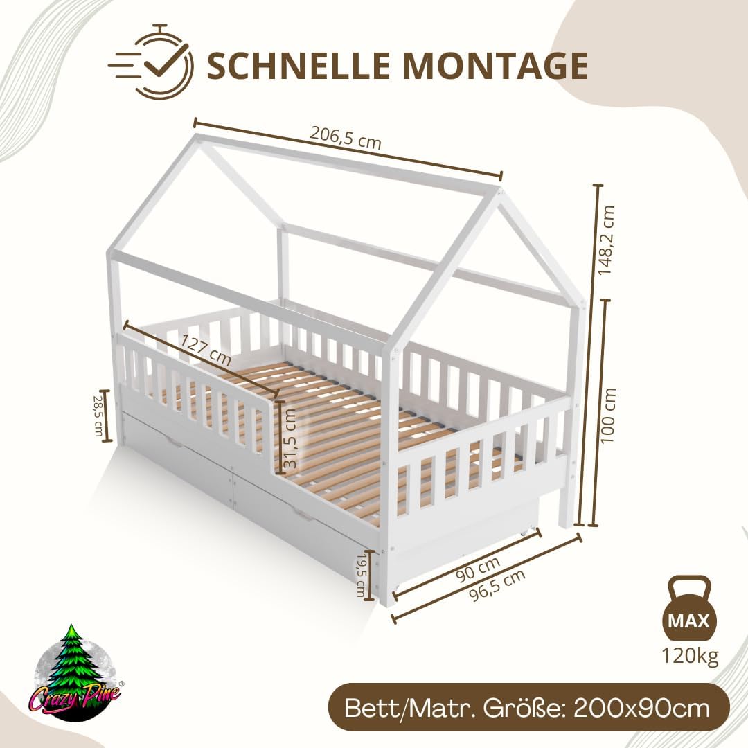 Hausbett mit Schubladen 90x200 cm – Kinderbett aus Naturholz in Weiß mit Rausfallschutz – Skandinavisches Design, Montessori Bodenbett mit zusätzlichen Stauraum - Crazy Blanco