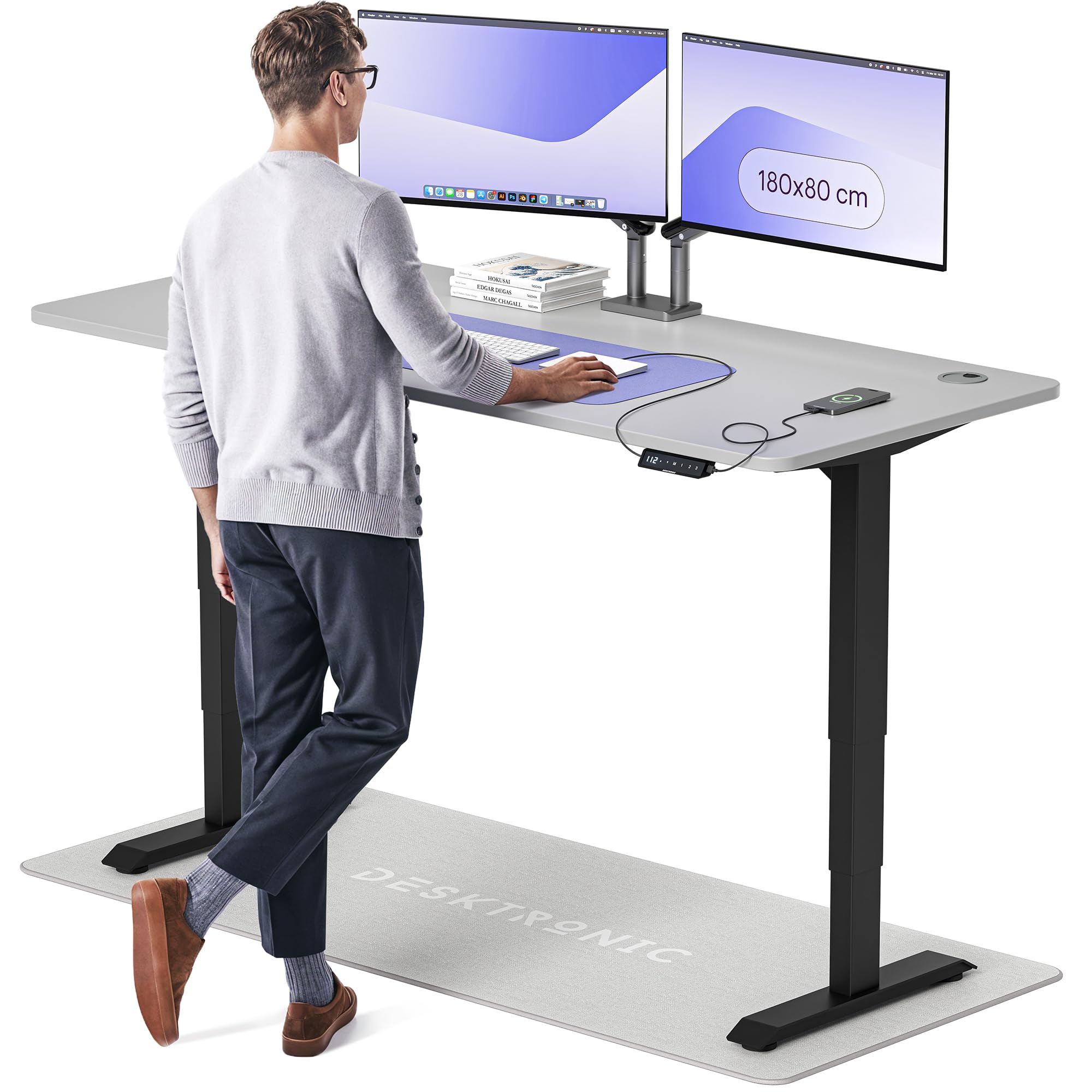 Desktronic HomePro Höhenverstellbarer Schreibtisch 160 × 80 cm – Elektrischer Schreibtisch Mit Zwei Elektrischen Motoren, Touchscreen-Steuerung und Integrierten USB-A- und USB-C-Ladeanschlüssen