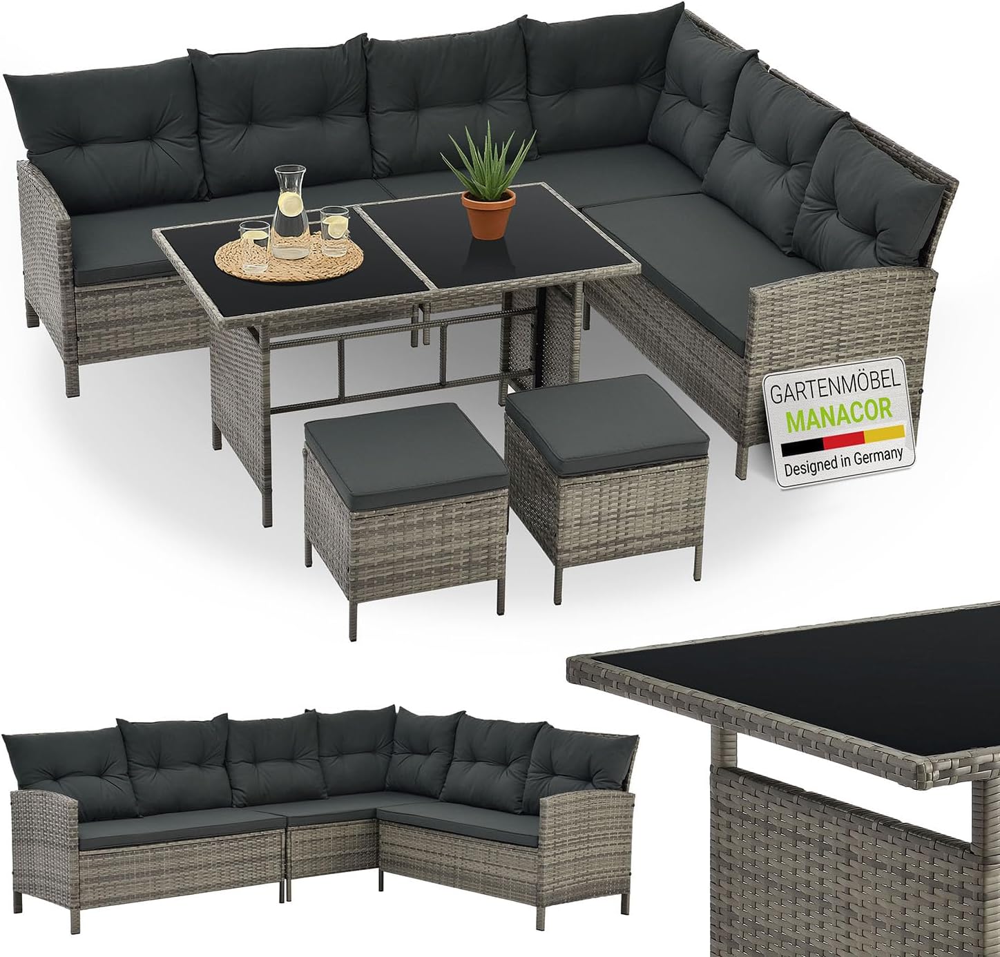Juskys Polyrattan Lounge Manacor mit Ecksofa, Esstisch, 2 Hocker & Kissen - wetterfest bis 7 Personen - Bezüge waschbar - Rattan Garten Sitzgruppe Gartenlounge Gartenmöbel Set - Grau-meliert
