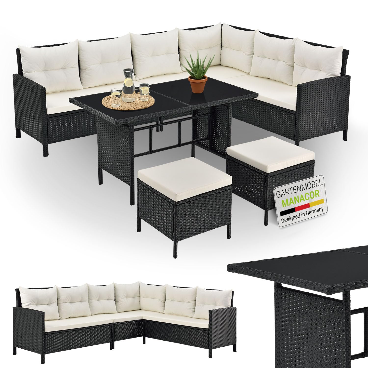 Juskys Polyrattan Lounge Manacor mit Ecksofa, Esstisch, 2 Hocker & Kissen - wetterfest bis 7 Personen - Bezüge waschbar - Rattan Garten Sitzgruppe Gartenlounge Gartenmöbel Set - Grau-meliert
