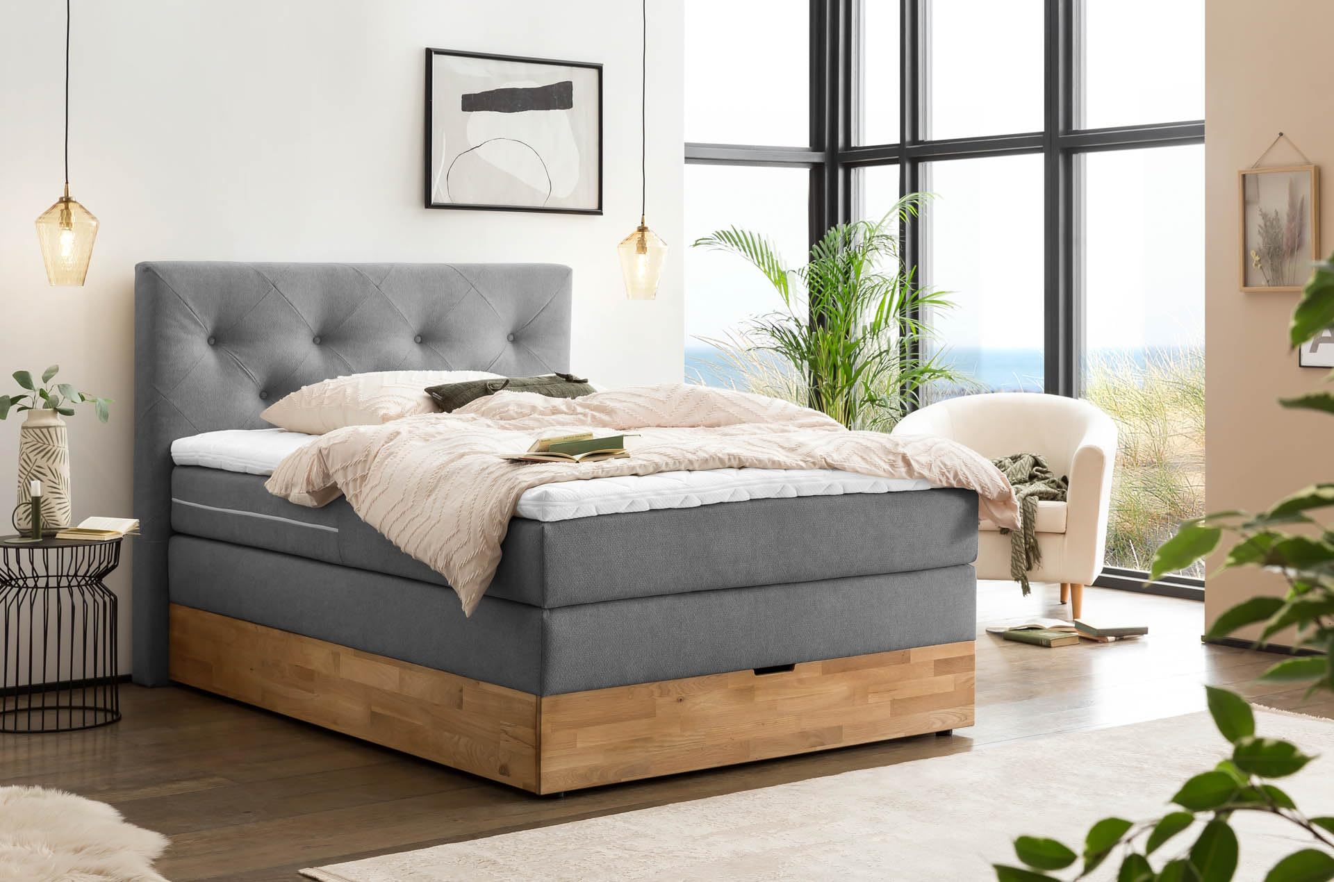 Belanoti MARBO Boxspringbett 180x200 mit Bettkasten 7-Zonen Taschenfederkern Matratze inklusive Visco Topper Bett 180x200 Eiche in der Farbe Weissgrau H2/H3 Polsterbett mit Massivholz Eiche