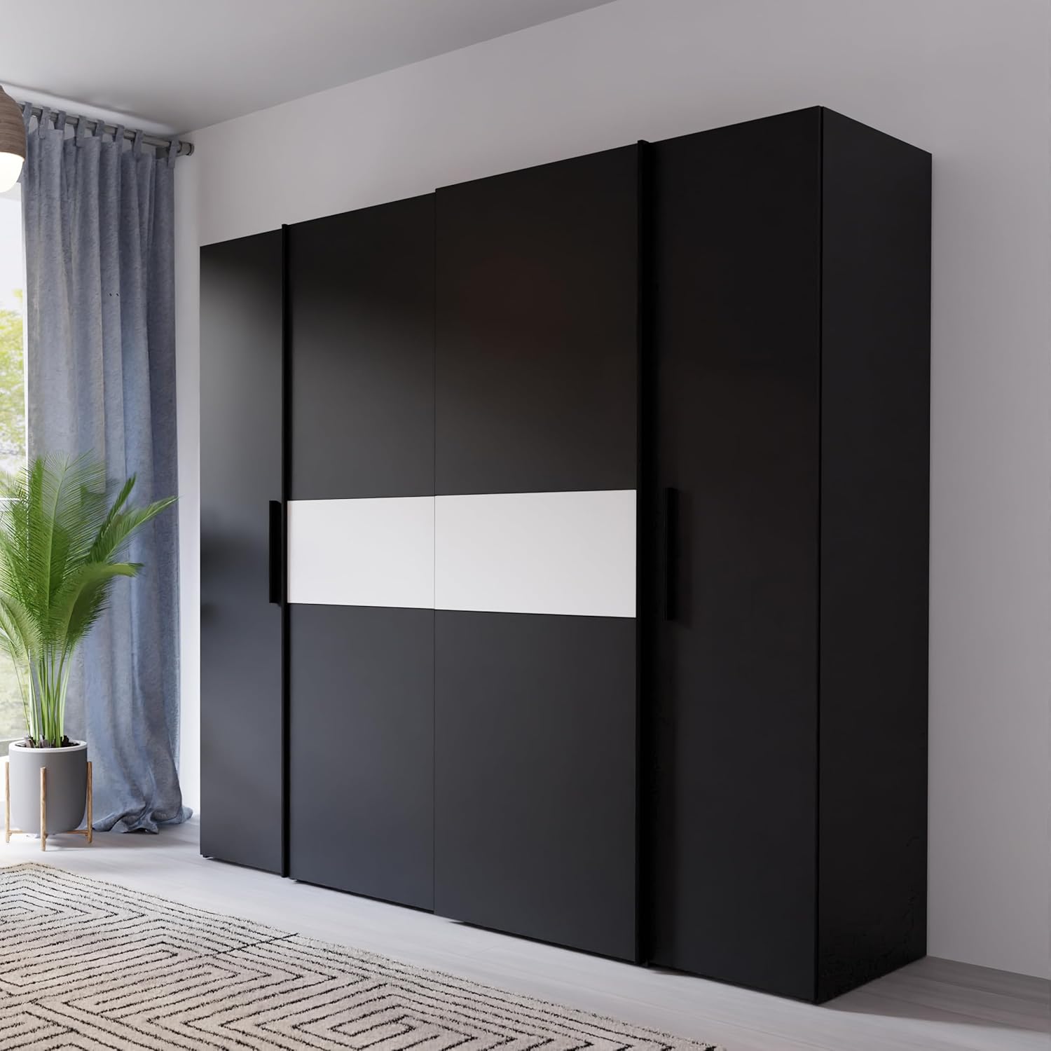 Forte KALIXTUS schwarzer Kleiderschrank 200, moderner Schwebetürenschrank, 4-türig, Holzwerkstoff, Schwarz Matt, 200,1 cm breit x 190,5 cm hoch, 61,2 cm tief