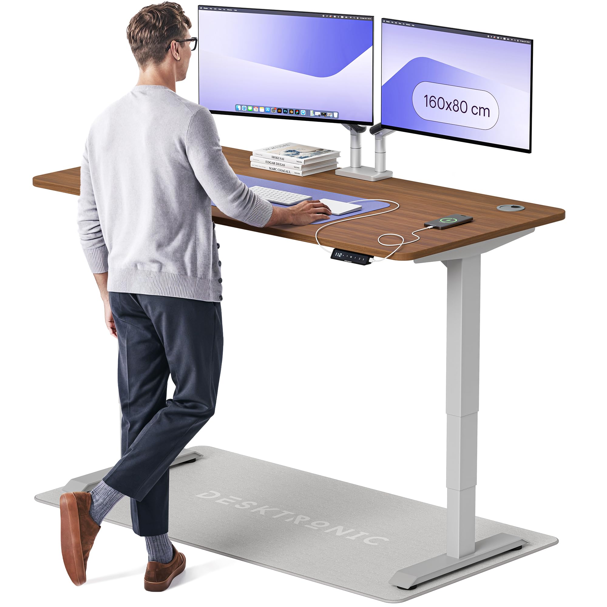 Desktronic HomePro Höhenverstellbarer Schreibtisch 160 × 80 cm – Elektrischer Schreibtisch Mit Zwei Elektrischen Motoren, Touchscreen-Steuerung und Integrierten USB-A- und USB-C-Ladeanschlüssen