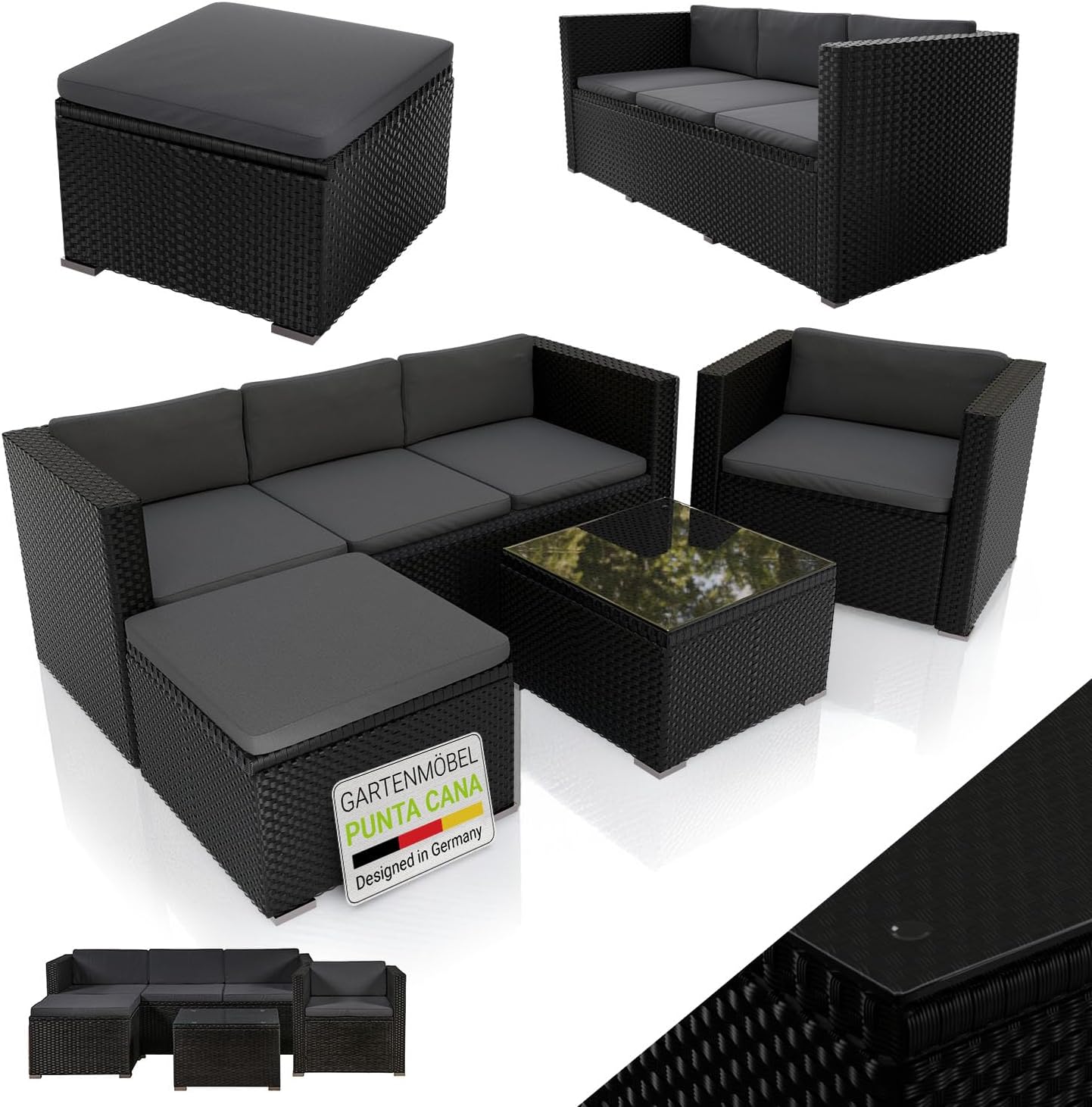 Juskys Polyrattan Lounge Punta Cana L für 4-5 Personen mit 3er Sofa, Sessel, Hocker, Tisch & Kissen, Sitzgruppe für Garten, Terrasse und Balkon, Gartenmöbel Set wetterfest - Schwarz/Grau