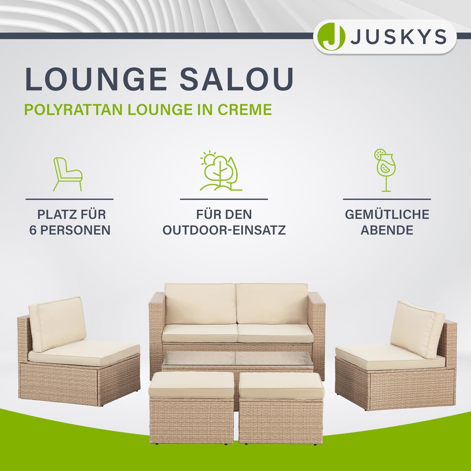 Juskys® Polyrattan Gartenmöbel Set Salou inkl. Abdeckung - Outdoor Lounge wetterfest 6 Personen - Sitzecke mit Tisch & Kissen für Garten, Balkon, Terrasse - Creme/Sand
