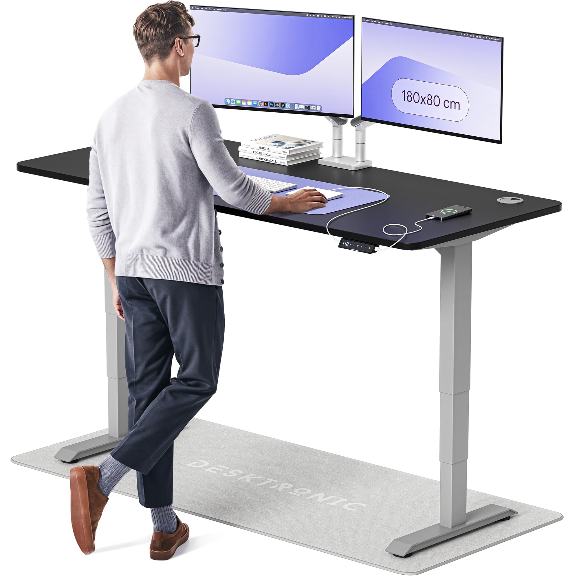 Desktronic HomePro Höhenverstellbarer Schreibtisch 160 × 80 cm – Elektrischer Schreibtisch Mit Zwei Elektrischen Motoren, Touchscreen-Steuerung und Integrierten USB-A- und USB-C-Ladeanschlüssen