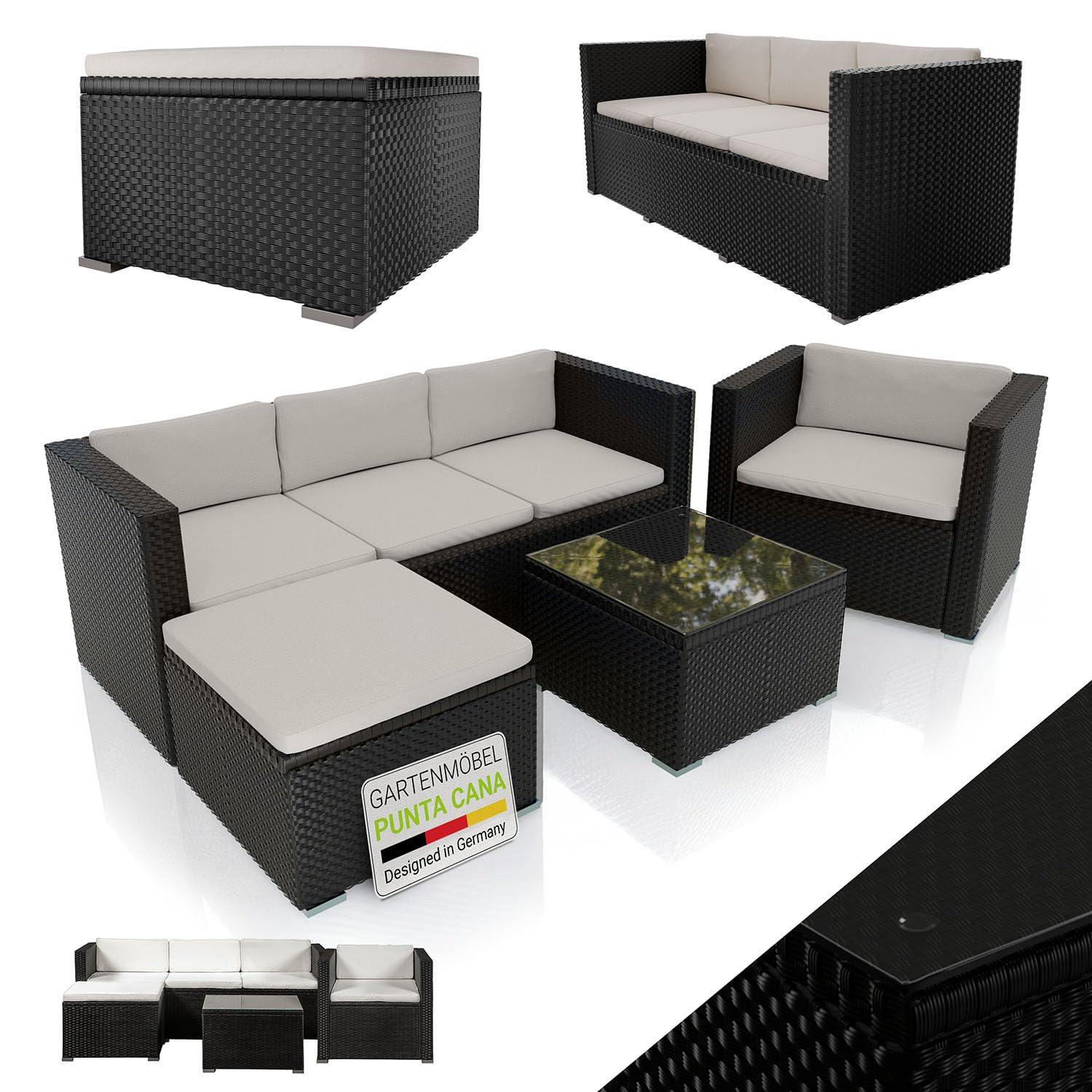 Juskys Polyrattan Lounge Punta Cana L für 4-5 Personen mit 3er Sofa, Sessel, Hocker, Tisch & Kissen, Sitzgruppe für Garten, Terrasse und Balkon, Gartenmöbel Set wetterfest - Schwarz/Grau