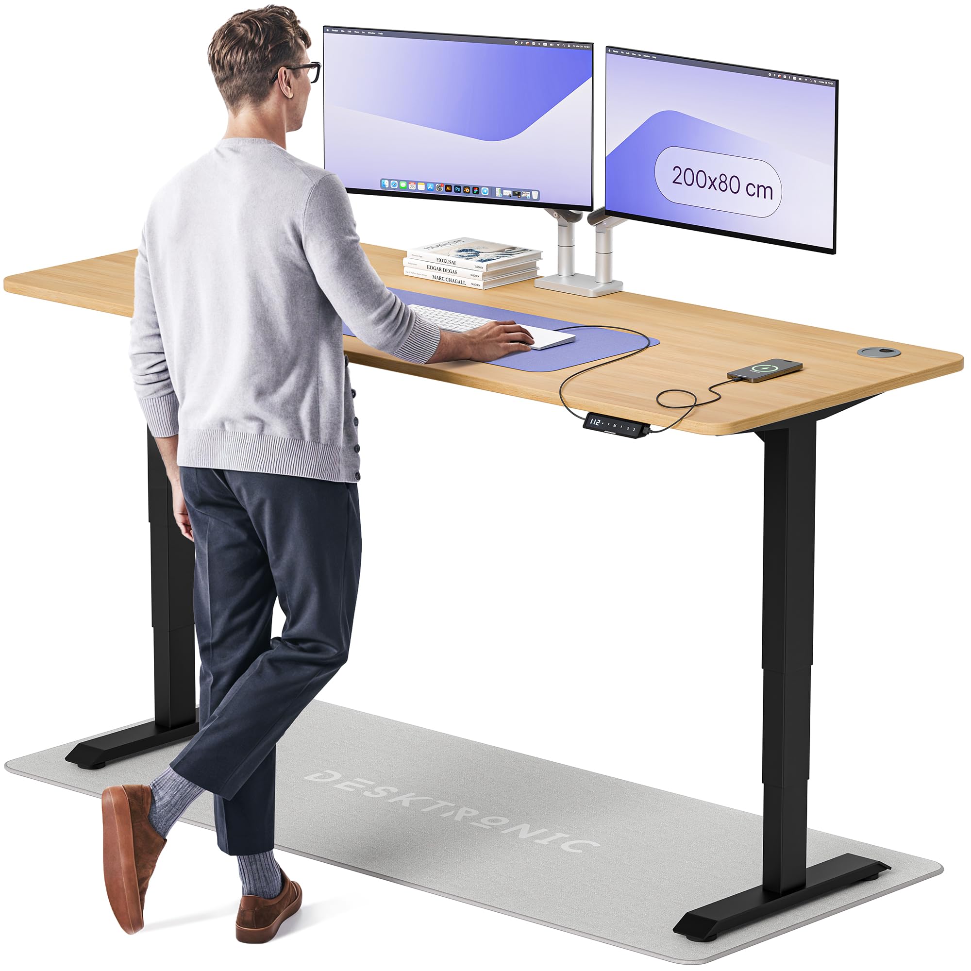 Desktronic HomePro Höhenverstellbarer Schreibtisch 160 × 80 cm – Elektrischer Schreibtisch Mit Zwei Elektrischen Motoren, Touchscreen-Steuerung und Integrierten USB-A- und USB-C-Ladeanschlüssen