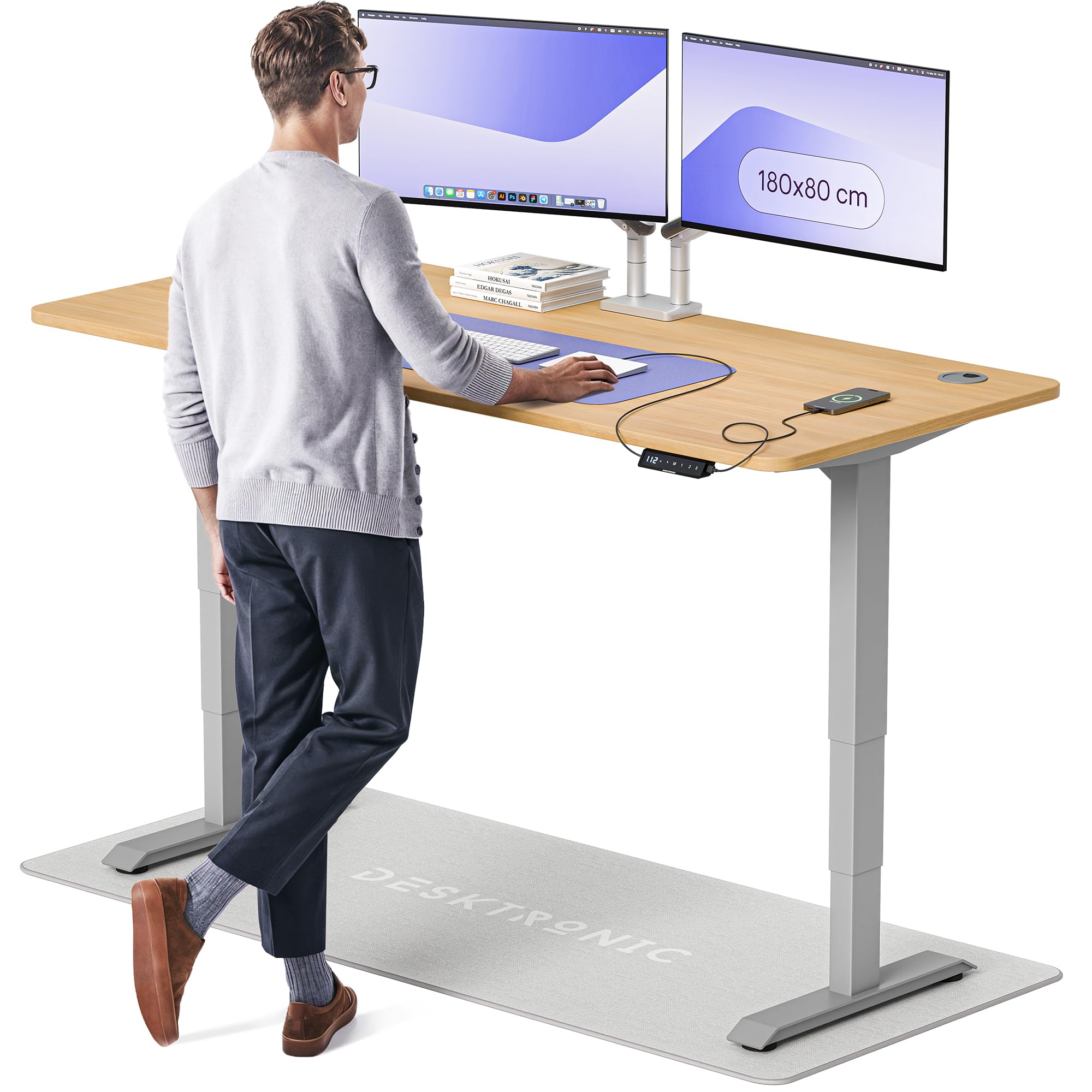 Desktronic HomePro Höhenverstellbarer Schreibtisch 160 × 80 cm – Elektrischer Schreibtisch Mit Zwei Elektrischen Motoren, Touchscreen-Steuerung und Integrierten USB-A- und USB-C-Ladeanschlüssen
