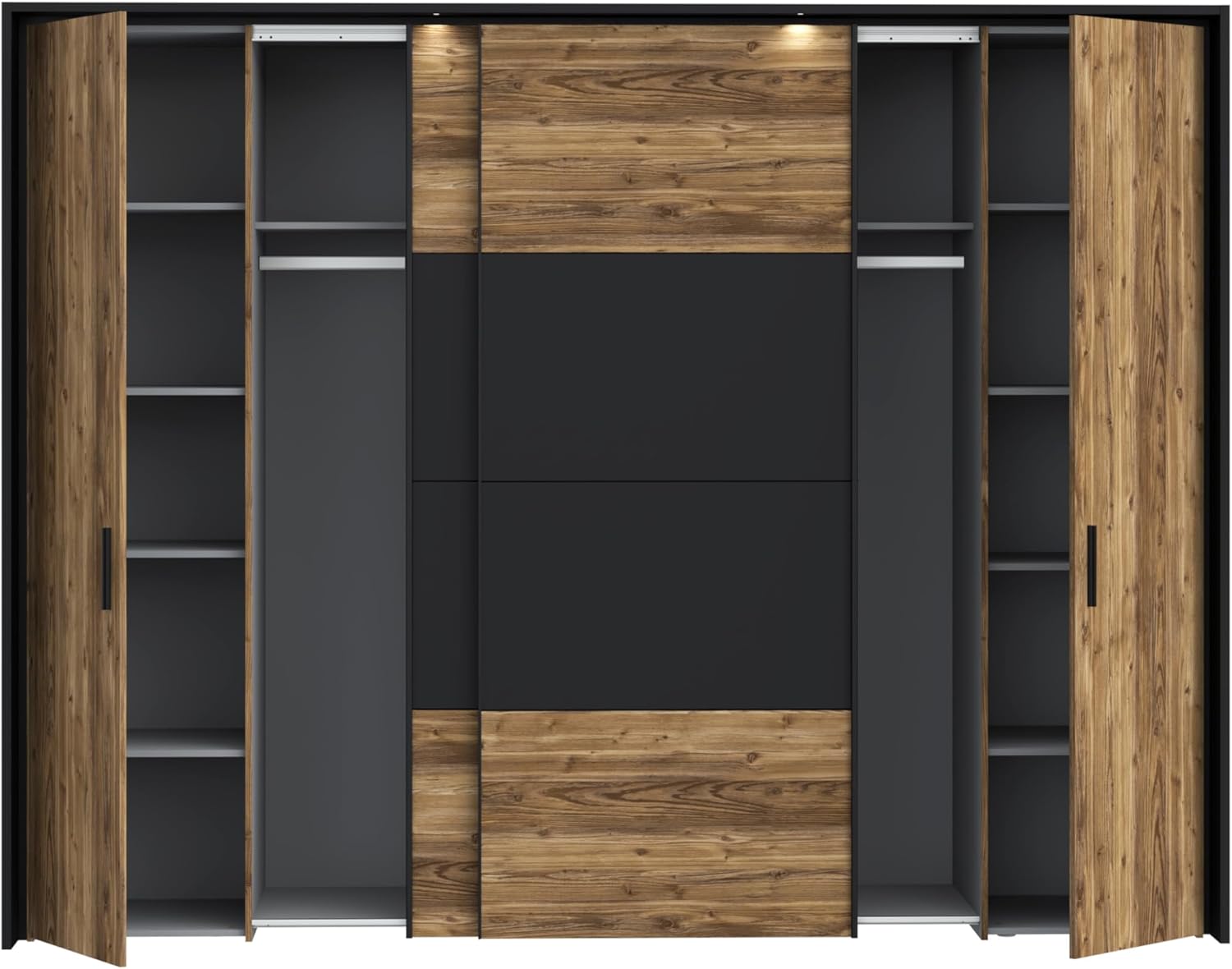 FORTE JABIM Schrank 280, Kleiderschrank mit Passepartout und LED Beleuchtung, Schwebetürenschrank groß Schlafzimmer 4-türig Holzdekor: Alpenfichte/Schwarz, 279 cm breit x 215 cm hoch x 64 cm tief