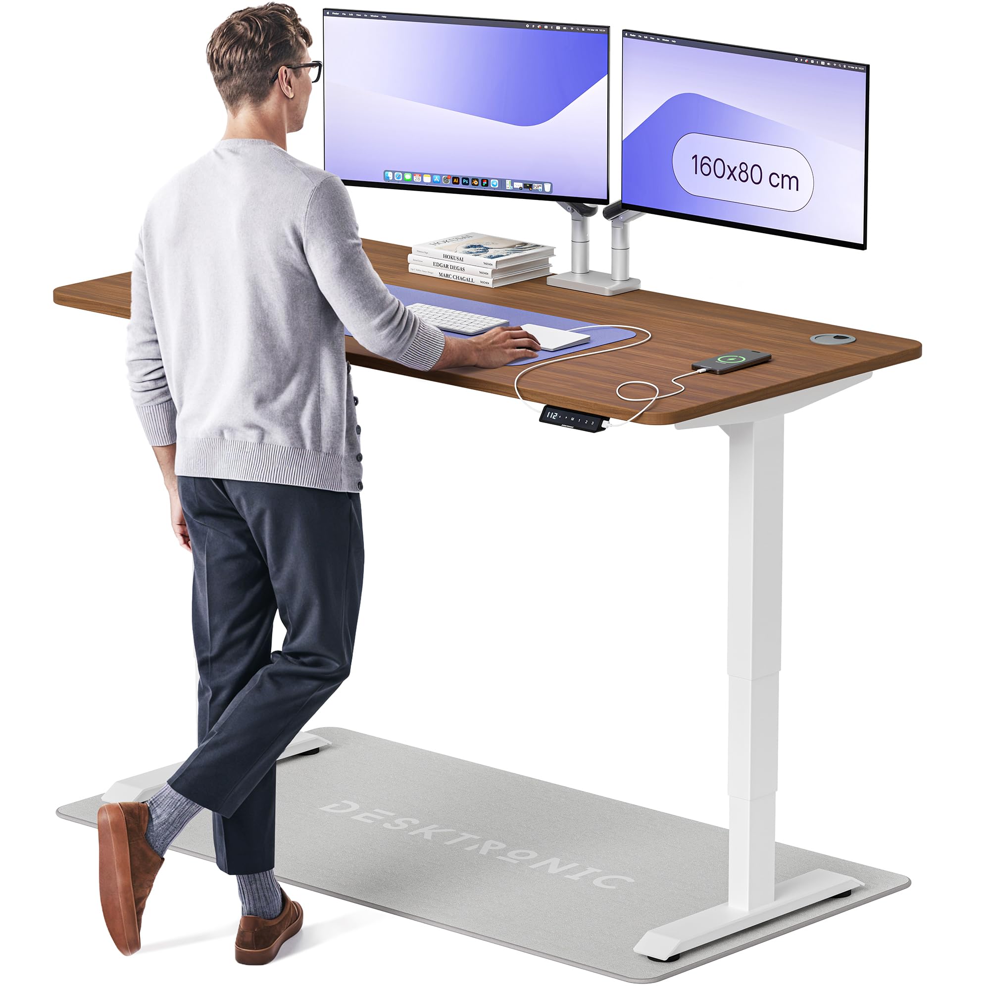 Desktronic HomePro Höhenverstellbarer Schreibtisch 160 × 80 cm – Elektrischer Schreibtisch Mit Zwei Elektrischen Motoren, Touchscreen-Steuerung und Integrierten USB-A- und USB-C-Ladeanschlüssen