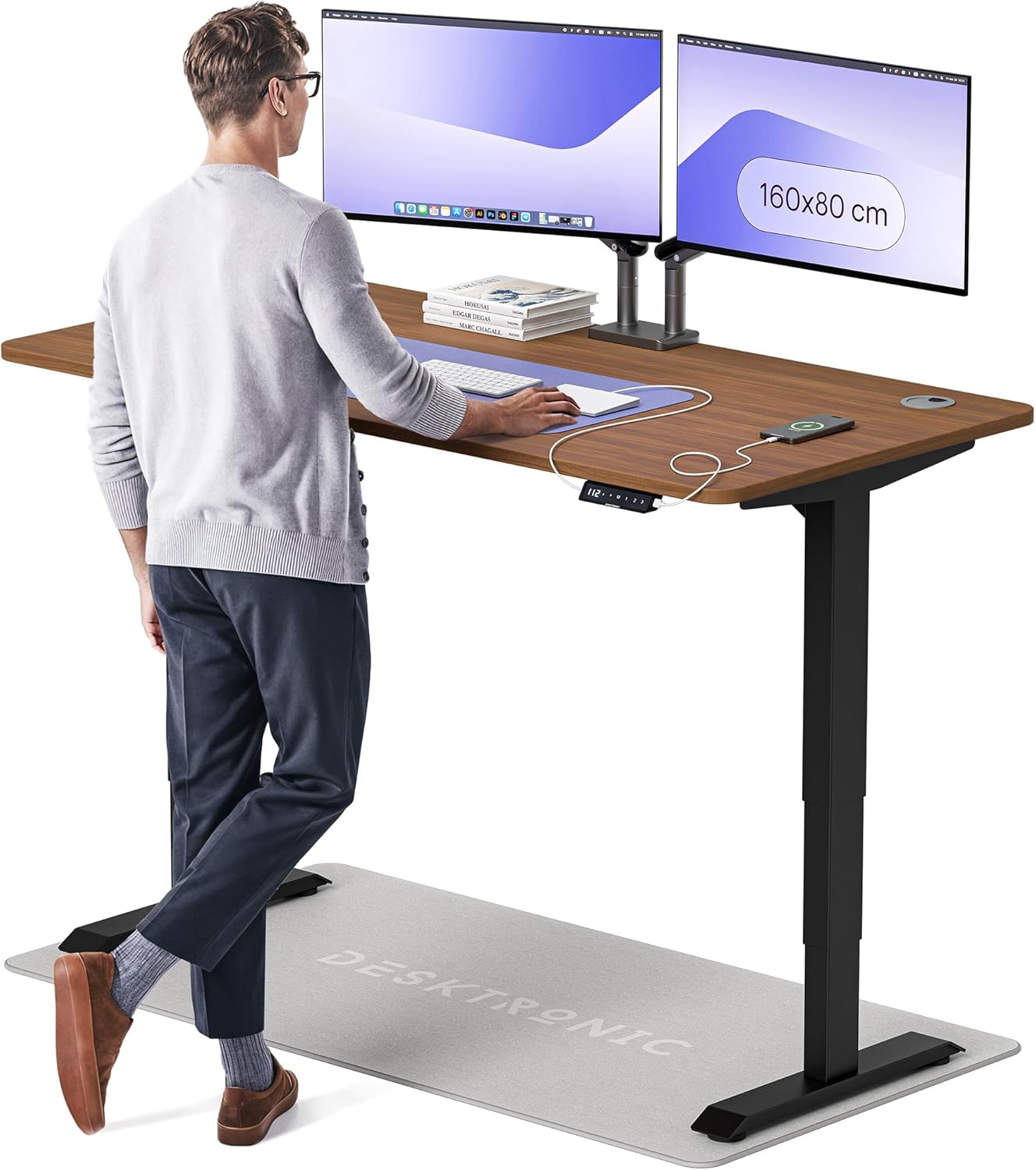 Desktronic HomePro Höhenverstellbarer Schreibtisch 160 × 80 cm – Elektrischer Schreibtisch Mit Zwei Elektrischen Motoren, Touchscreen-Steuerung und Integrierten USB-A- und USB-C-Ladeanschlüssen