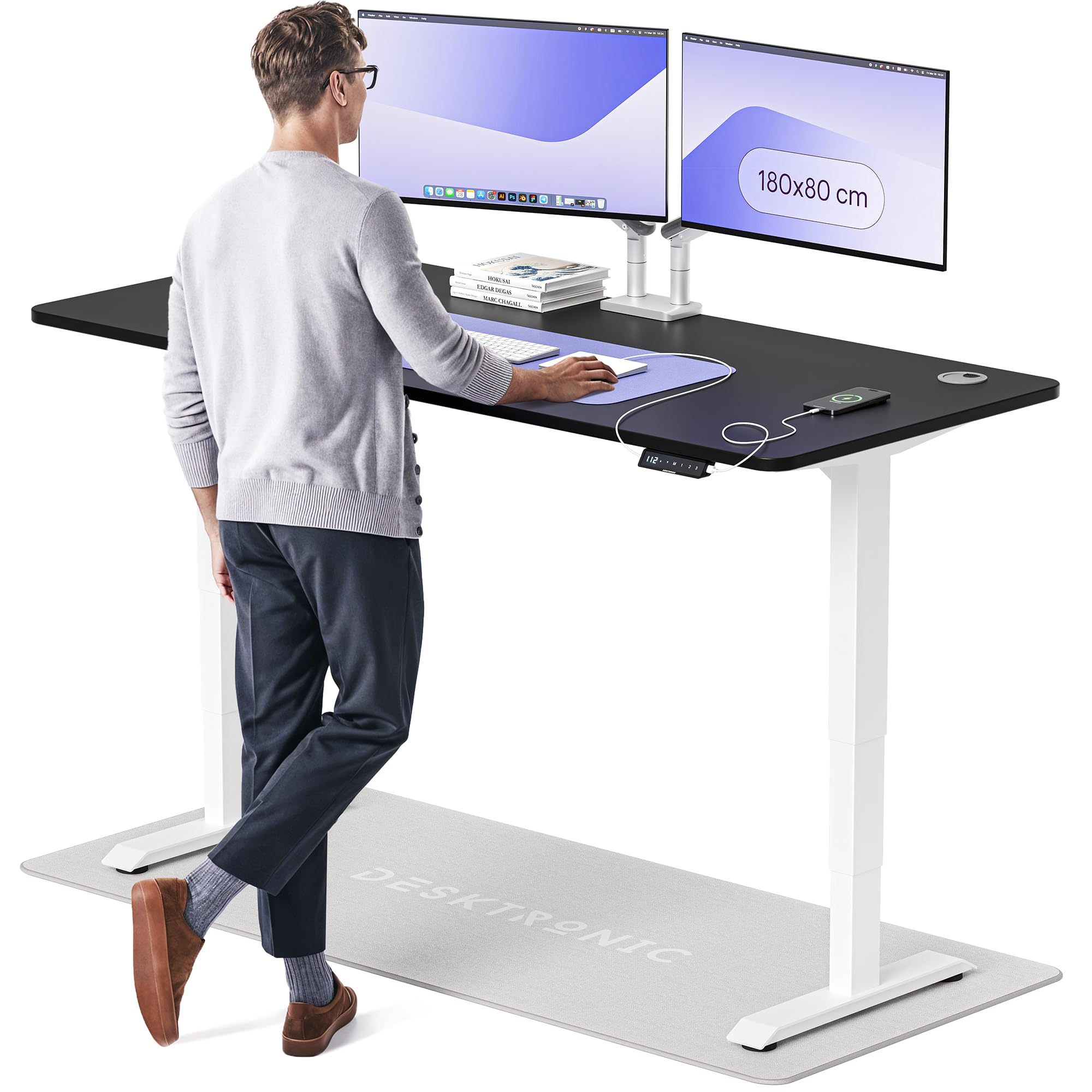 Desktronic HomePro Höhenverstellbarer Schreibtisch 160 × 80 cm – Elektrischer Schreibtisch Mit Zwei Elektrischen Motoren, Touchscreen-Steuerung und Integrierten USB-A- und USB-C-Ladeanschlüssen