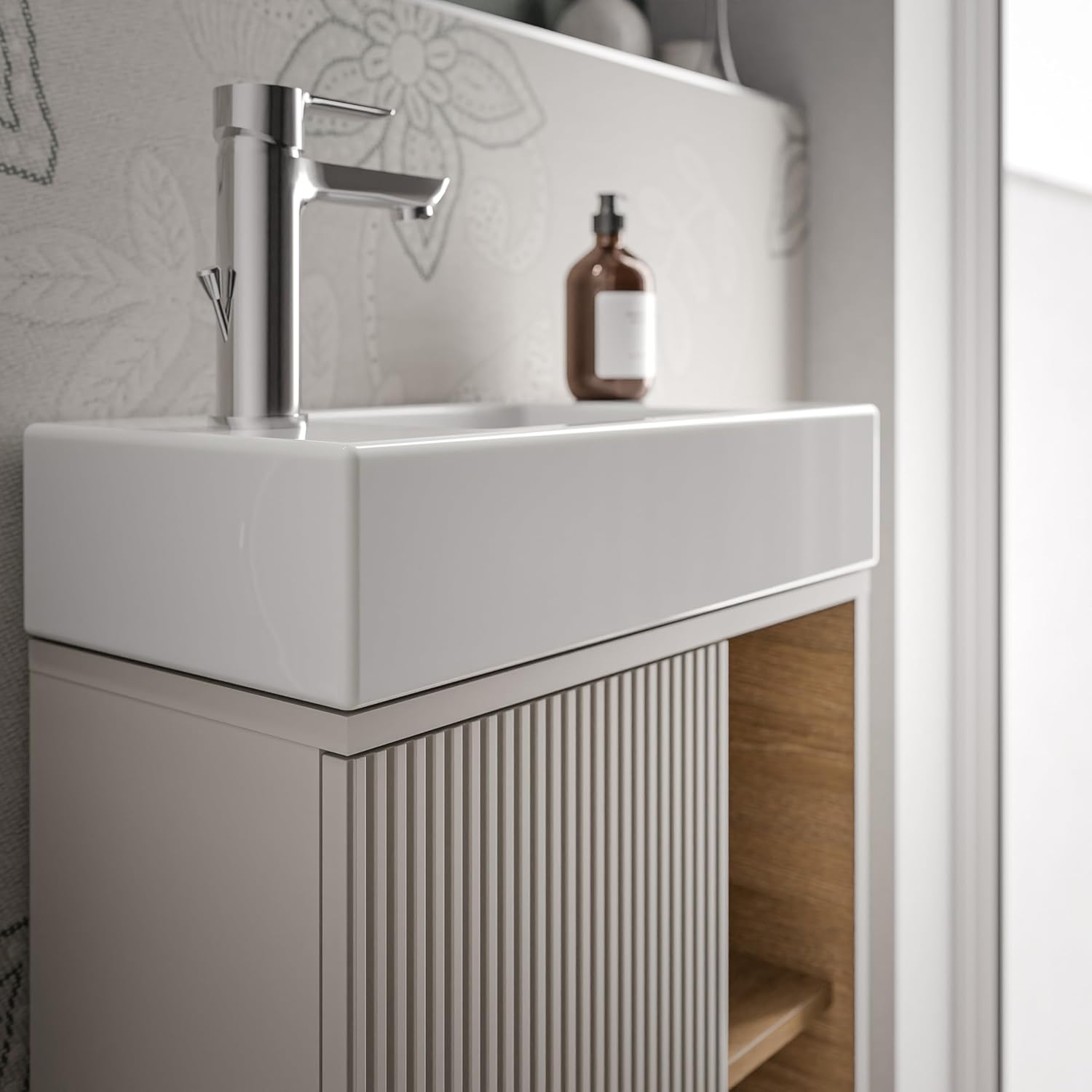 BERNSTEIN Beldivo Small Bathroom Furniture Set Matte Silk Grey 50 x 24.3 x 60 cm Vanity Unit with Duravit Ceramic Basin, Door Hinge Left, Push-to-Open Pre-Assembled