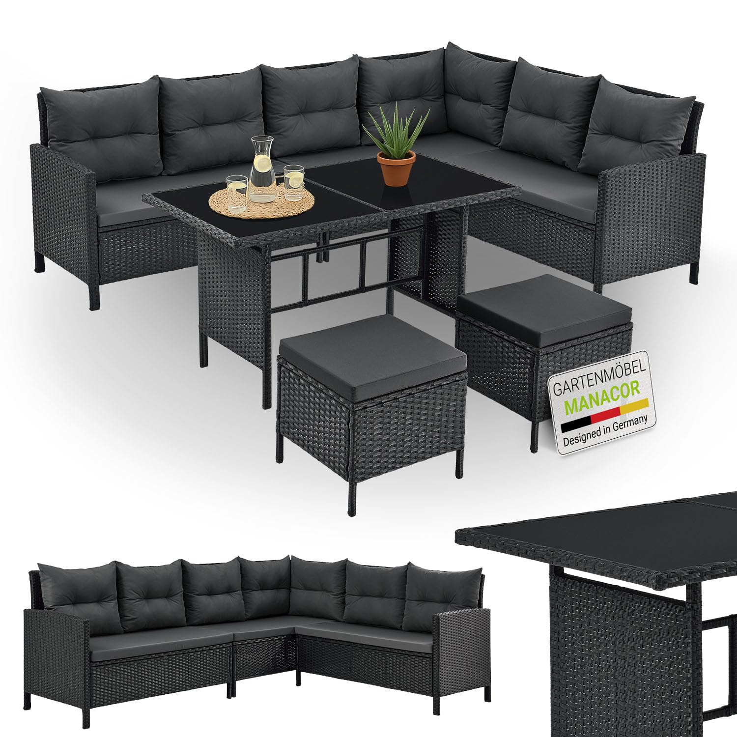 Juskys Polyrattan Lounge Manacor mit Ecksofa, Esstisch, 2 Hocker & Kissen - wetterfest bis 7 Personen - Bezüge waschbar - Rattan Garten Sitzgruppe Gartenlounge Gartenmöbel Set - Grau-meliert
