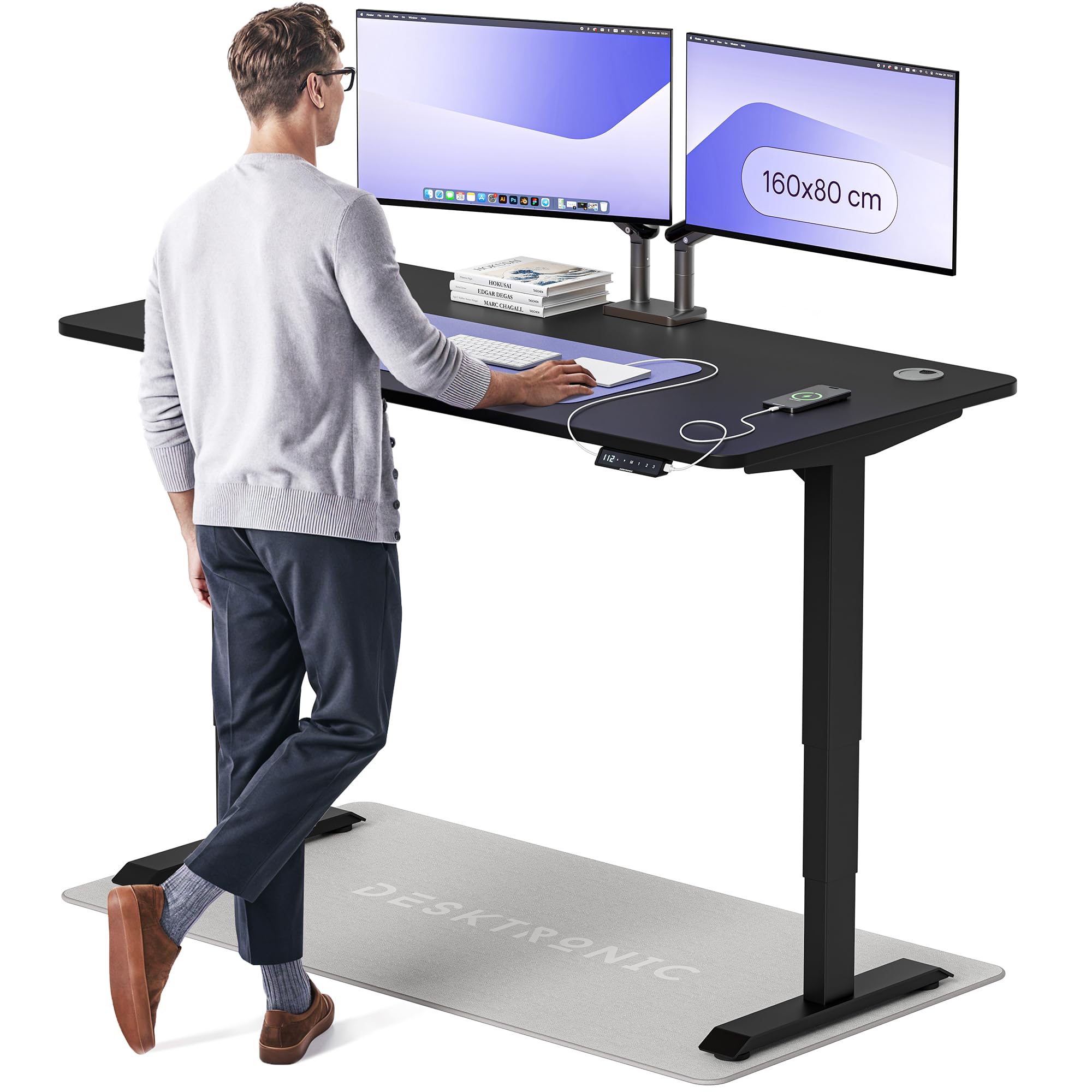 Desktronic HomePro Höhenverstellbarer Schreibtisch 160 × 80 cm – Elektrischer Schreibtisch Mit Zwei Elektrischen Motoren, Touchscreen-Steuerung und Integrierten USB-A- und USB-C-Ladeanschlüssen