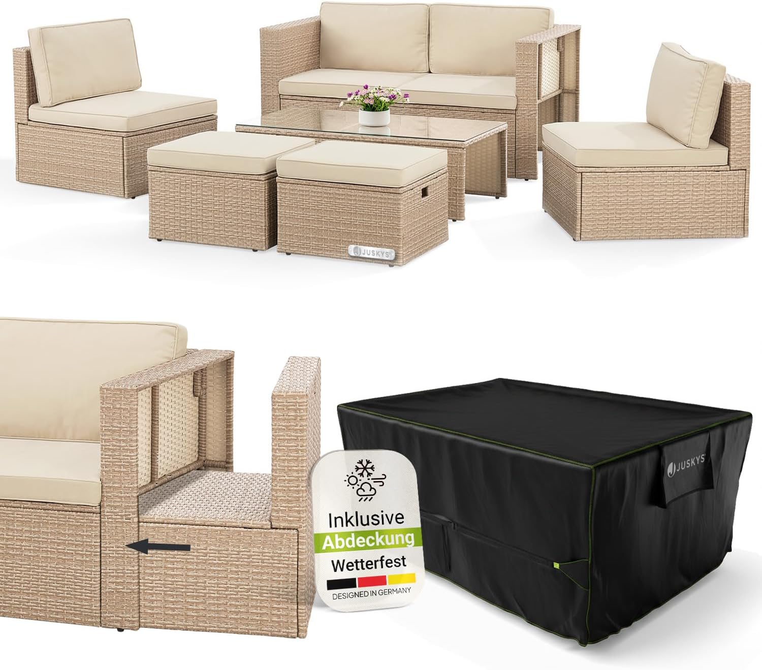 Juskys® Polyrattan Gartenmöbel Set Salou inkl. Abdeckung - Outdoor Lounge wetterfest 6 Personen - Sitzecke mit Tisch & Kissen für Garten, Balkon, Terrasse - Creme/Sand