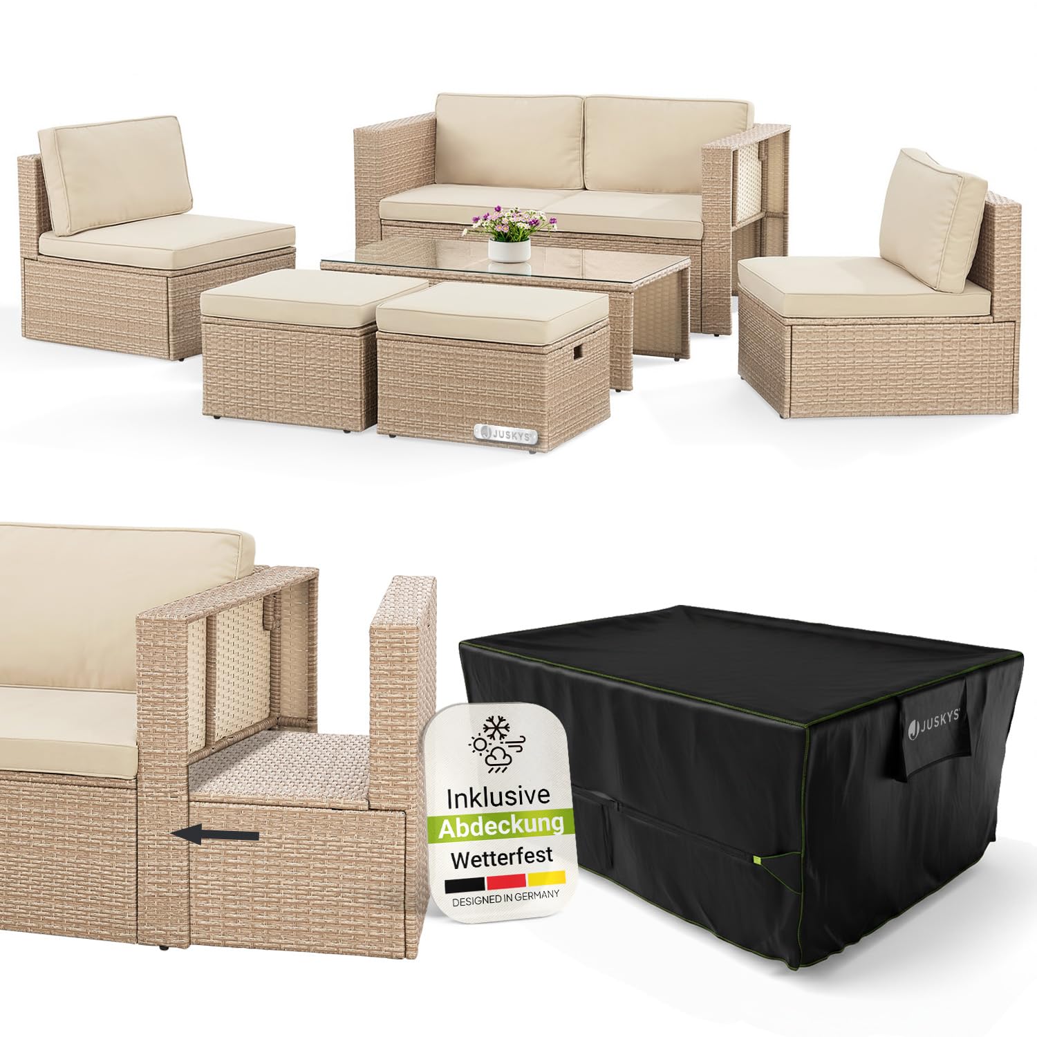 Juskys® Polyrattan Gartenmöbel Set Salou inkl. Abdeckung - Outdoor Lounge wetterfest 6 Personen - Sitzecke mit Tisch & Kissen für Garten, Balkon, Terrasse - Grau