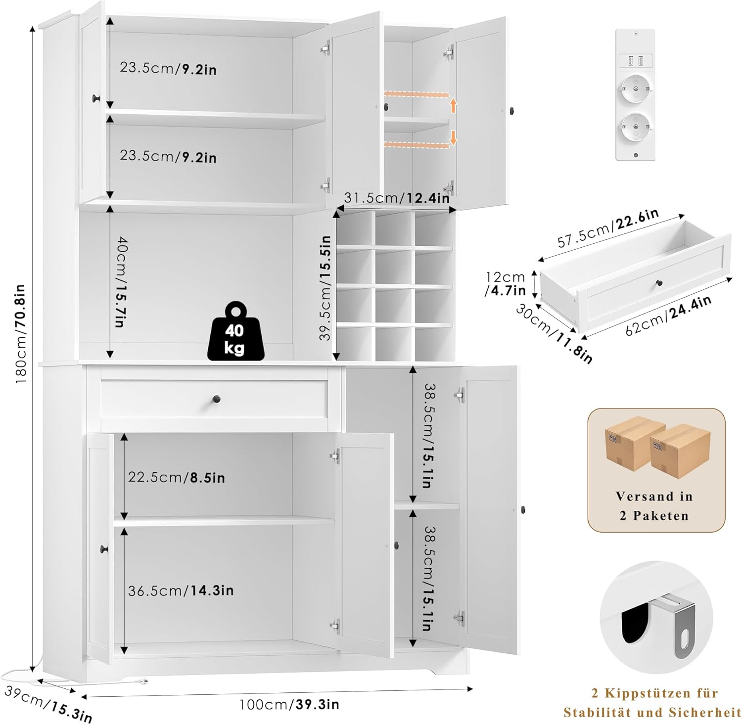 FirFurd Küchenschrank 180cm Buffetschrank mit LED Sideboard für Küche mit Steckdosenleiste Küchenschrank mit Arbeitsplatte & Weinregal für 12 Flaschen Küchenbuffet Küchenmöbel 180x100x39cm weiß