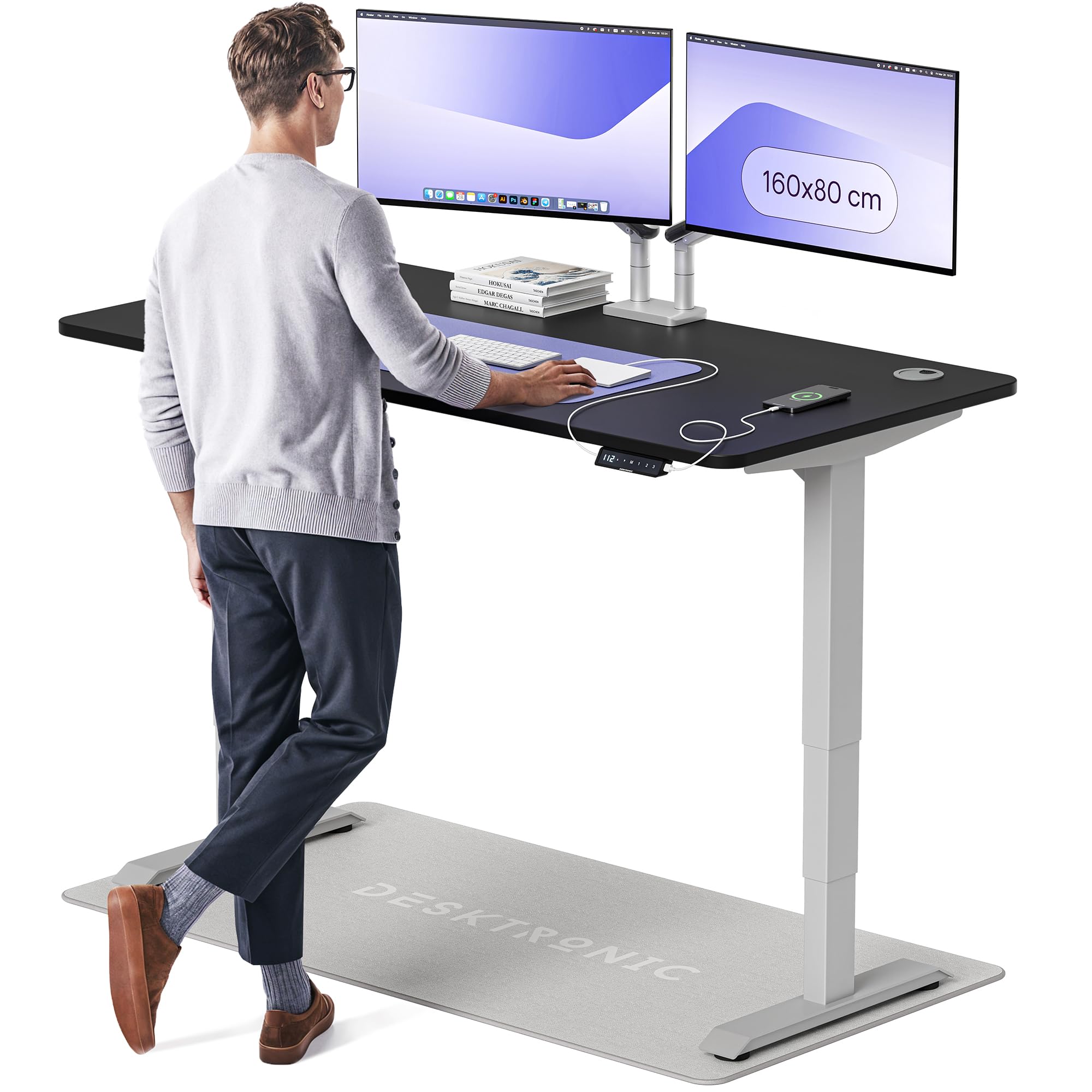 Desktronic HomePro Höhenverstellbarer Schreibtisch 160 × 80 cm – Elektrischer Schreibtisch Mit Zwei Elektrischen Motoren, Touchscreen-Steuerung und Integrierten USB-A- und USB-C-Ladeanschlüssen
