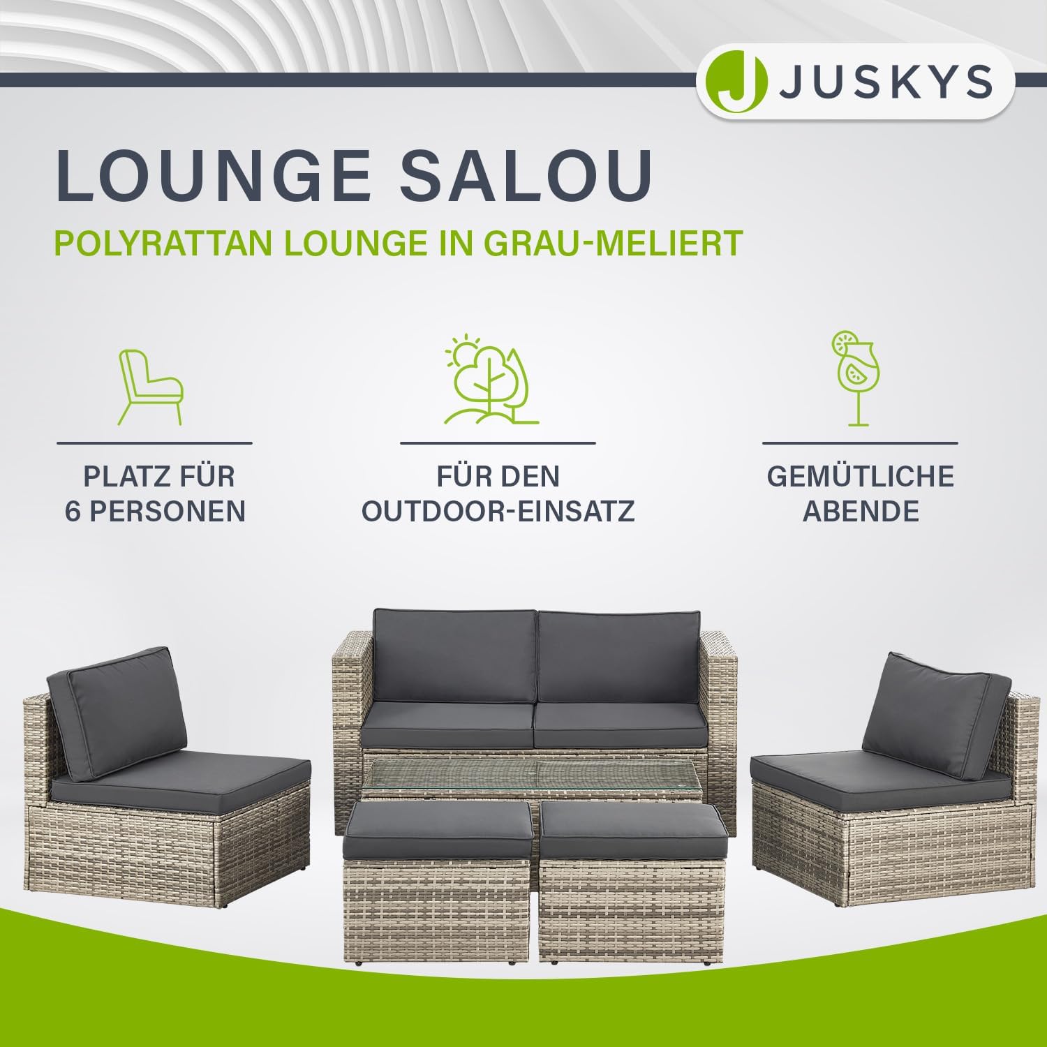 Juskys® Polyrattan Gartenmöbel Set Salou inkl. Abdeckung - Outdoor Lounge wetterfest 6 Personen - Sitzecke mit Tisch & Kissen für Garten, Balkon, Terrasse - Grau