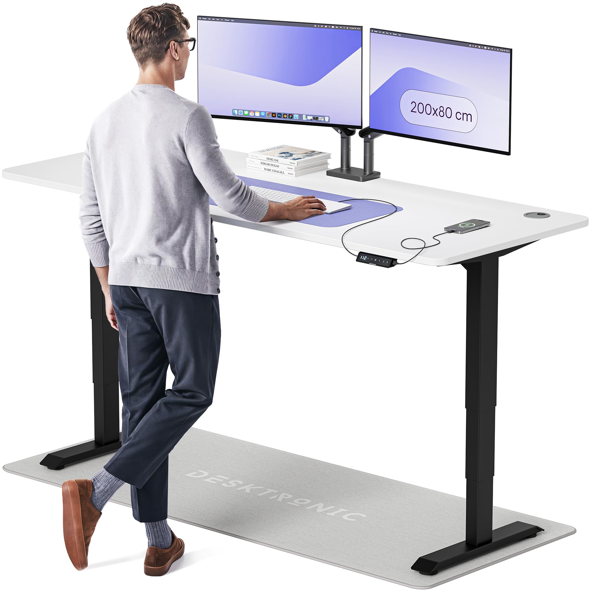 Desktronic HomePro Höhenverstellbarer Schreibtisch 160 × 80 cm – Elektrischer Schreibtisch Mit Zwei Elektrischen Motoren, Touchscreen-Steuerung und Integrierten USB-A- und USB-C-Ladeanschlüssen