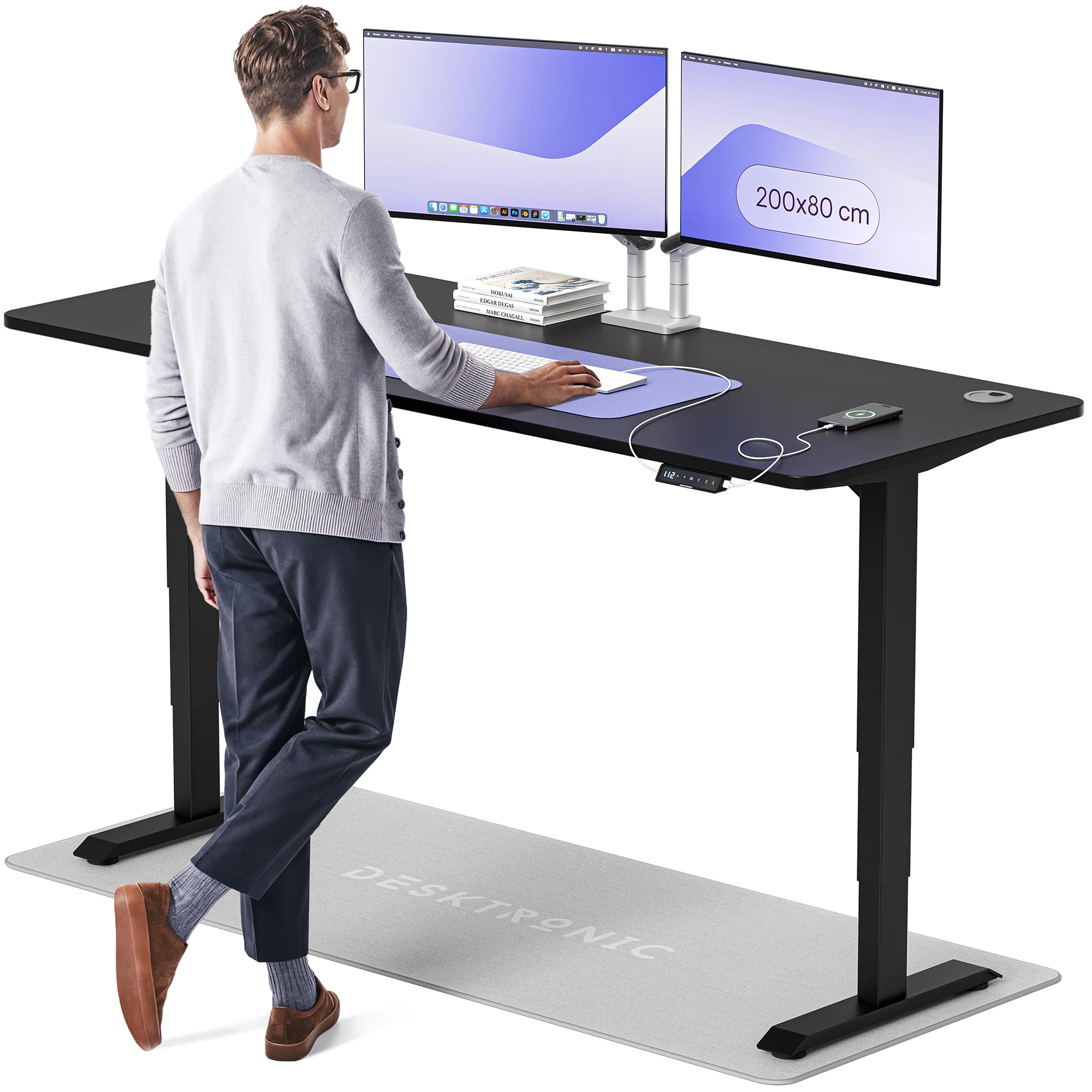 Desktronic HomePro Höhenverstellbarer Schreibtisch 160 × 80 cm – Elektrischer Schreibtisch Mit Zwei Elektrischen Motoren, Touchscreen-Steuerung und Integrierten USB-A- und USB-C-Ladeanschlüssen