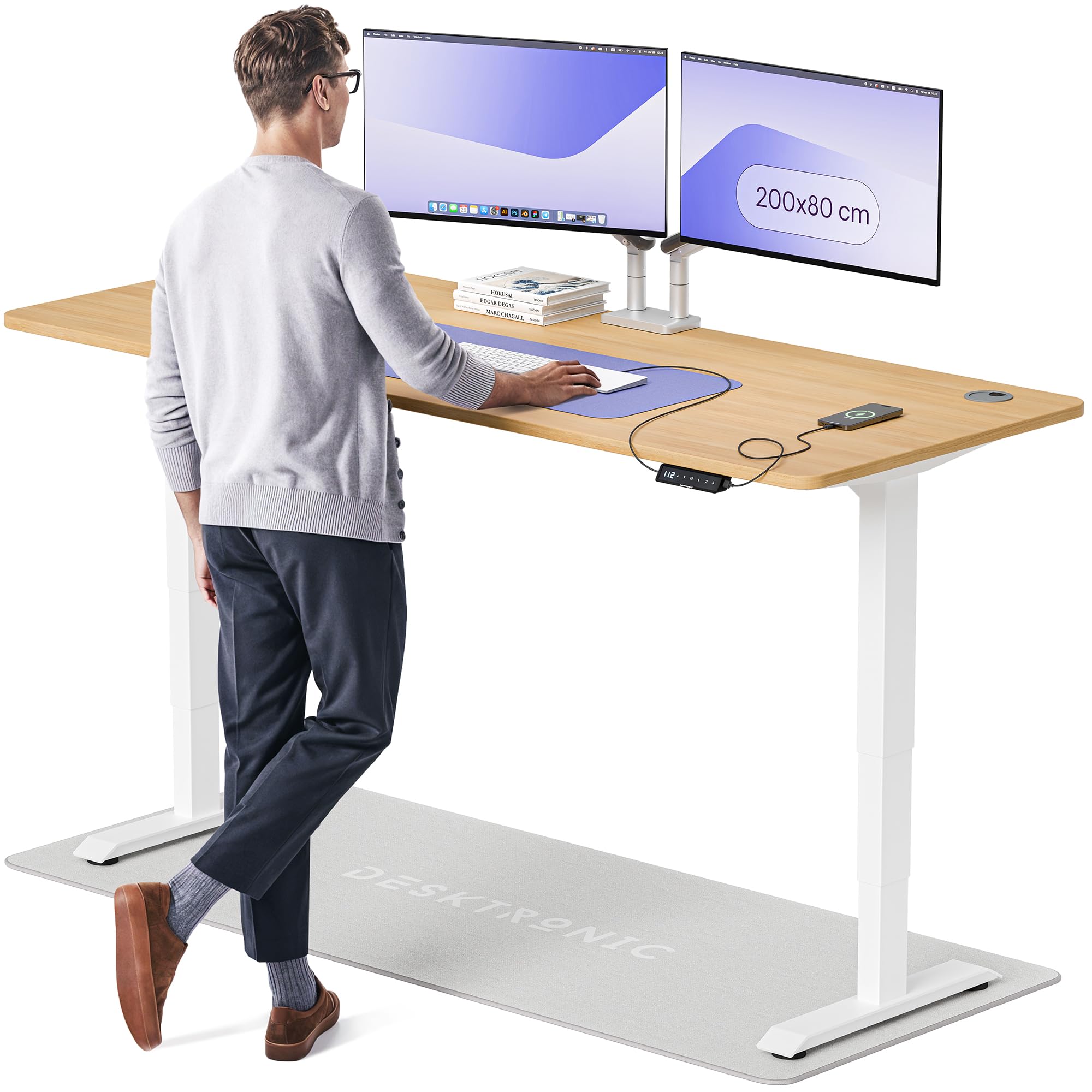 Desktronic HomePro Höhenverstellbarer Schreibtisch 160 × 80 cm – Elektrischer Schreibtisch Mit Zwei Elektrischen Motoren, Touchscreen-Steuerung und Integrierten USB-A- und USB-C-Ladeanschlüssen