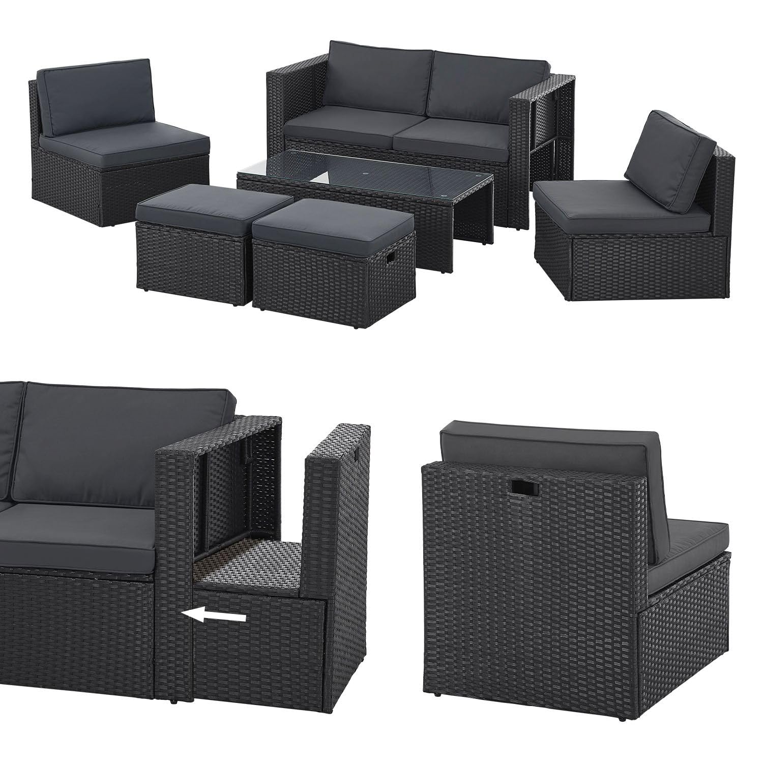 Juskys® Polyrattan Gartenmöbel Set Salou inkl. Abdeckung - Outdoor Lounge wetterfest 6 Personen - Sitzecke mit Tisch & Kissen für Garten, Balkon, Terrasse - Creme/Sand