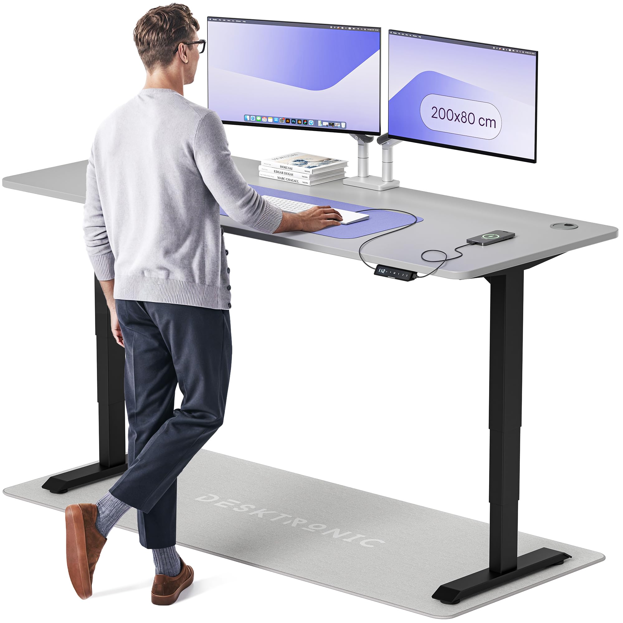Desktronic HomePro Höhenverstellbarer Schreibtisch 160 × 80 cm – Elektrischer Schreibtisch Mit Zwei Elektrischen Motoren, Touchscreen-Steuerung und Integrierten USB-A- und USB-C-Ladeanschlüssen